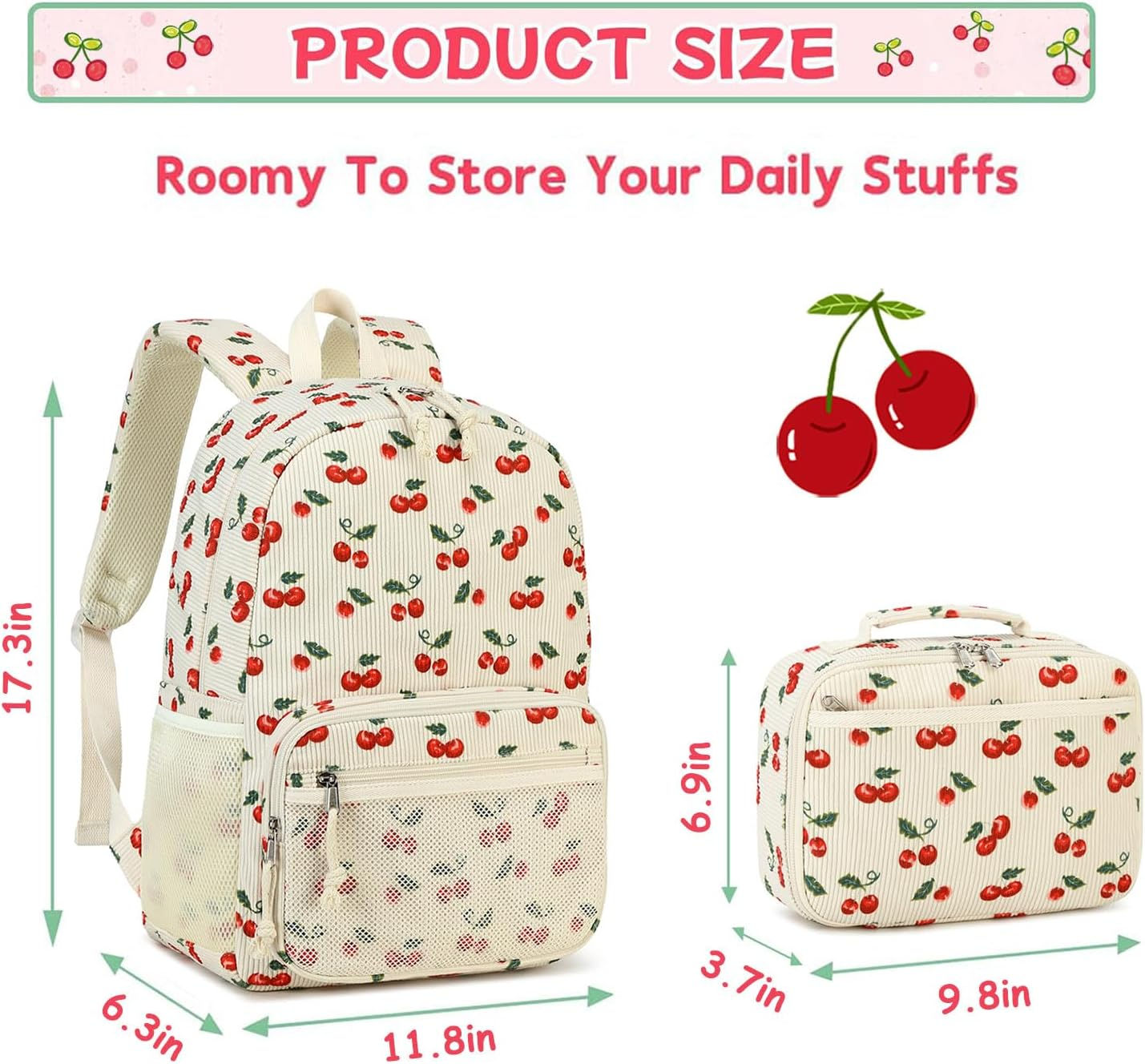 JIANYA Kids Backpack for School, Lightweight Girls Backpack with Lunch Box Children'S School Book Bag - Cherry/ Beige image number 6