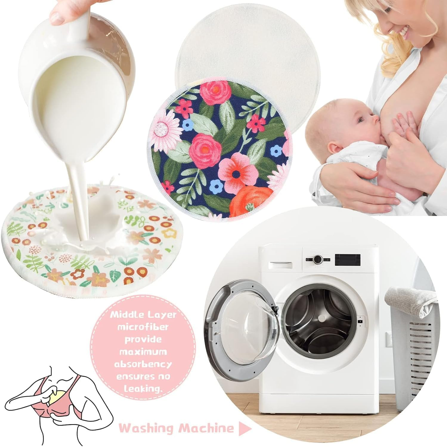 ZONEY 12Pcs Reusable Breast Pads, Bamboo Nursing Pads with Wet and Laundry Bag Floral Nipple Pads Breastfeeding, Nursing Pad Absorbent Pads for Breastfeeding Maternity (Flower) image number 6