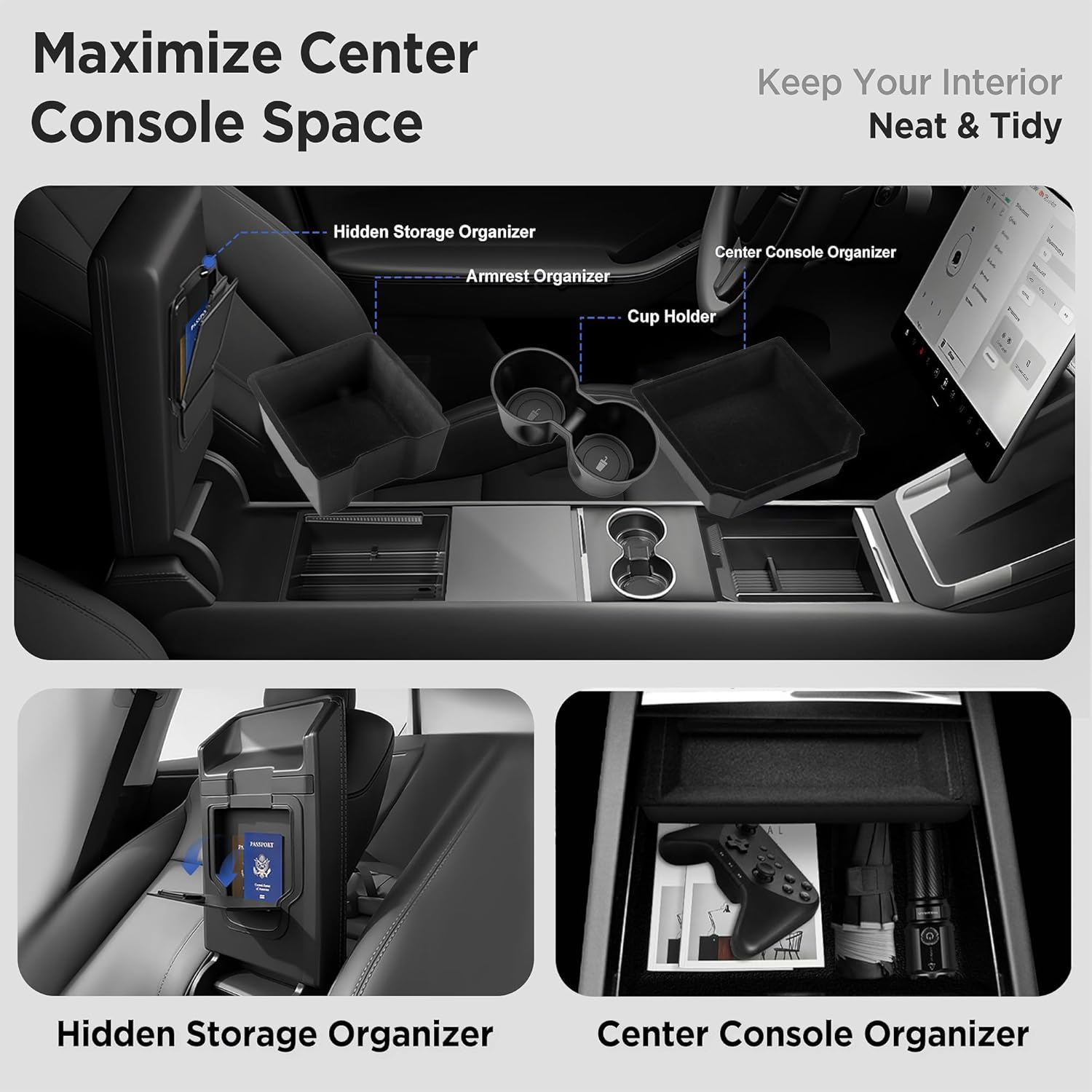 Center Console Organizer Tray for Tesla Model Y Juniper Model 3 Highland Armrest Hidden Storage Box Insert Cup Holder Interior Accessories for Model Y Juniper Model 3 2025 2026 (Black) image number 4