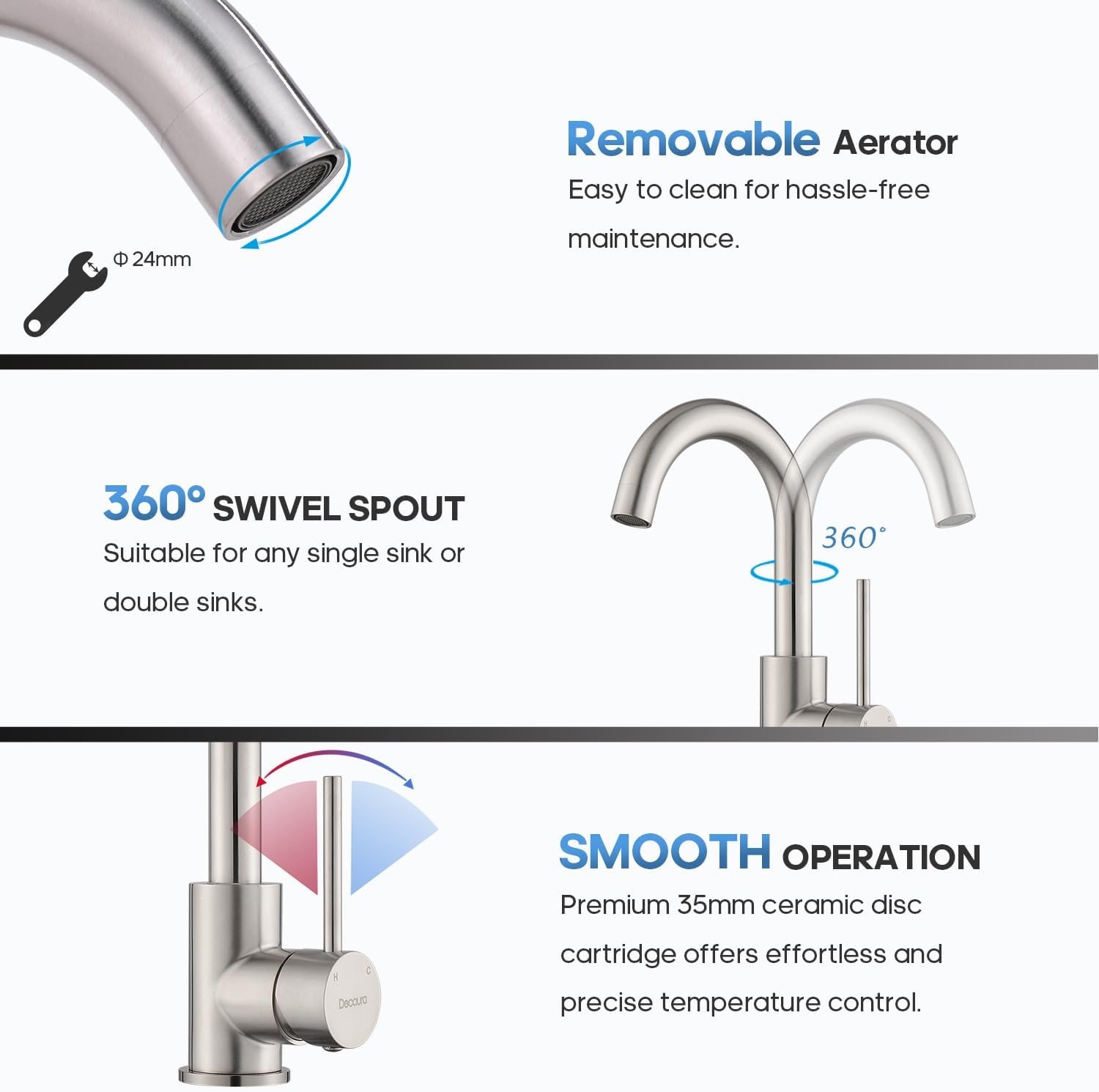 Decaura Lead-Free Bathroom Basin Mixer Tap with Swivel Spout, Stainless Steel RV Faucet, WELS Bar Tap (Brushed Nickel) - Chrome image number 4