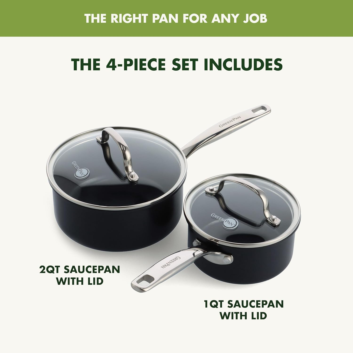Greenpan Prime Chatham 1QT & 2QT Saucepan Pot Set with Glass Lids, Hard Anodized Diamond Infused Ceramic Nonstick, Pfas-Free, Dishwasher Safe, Oven Safe, Multipurpose Chefs Pan, Stay-Cool Handle,Black image number 1