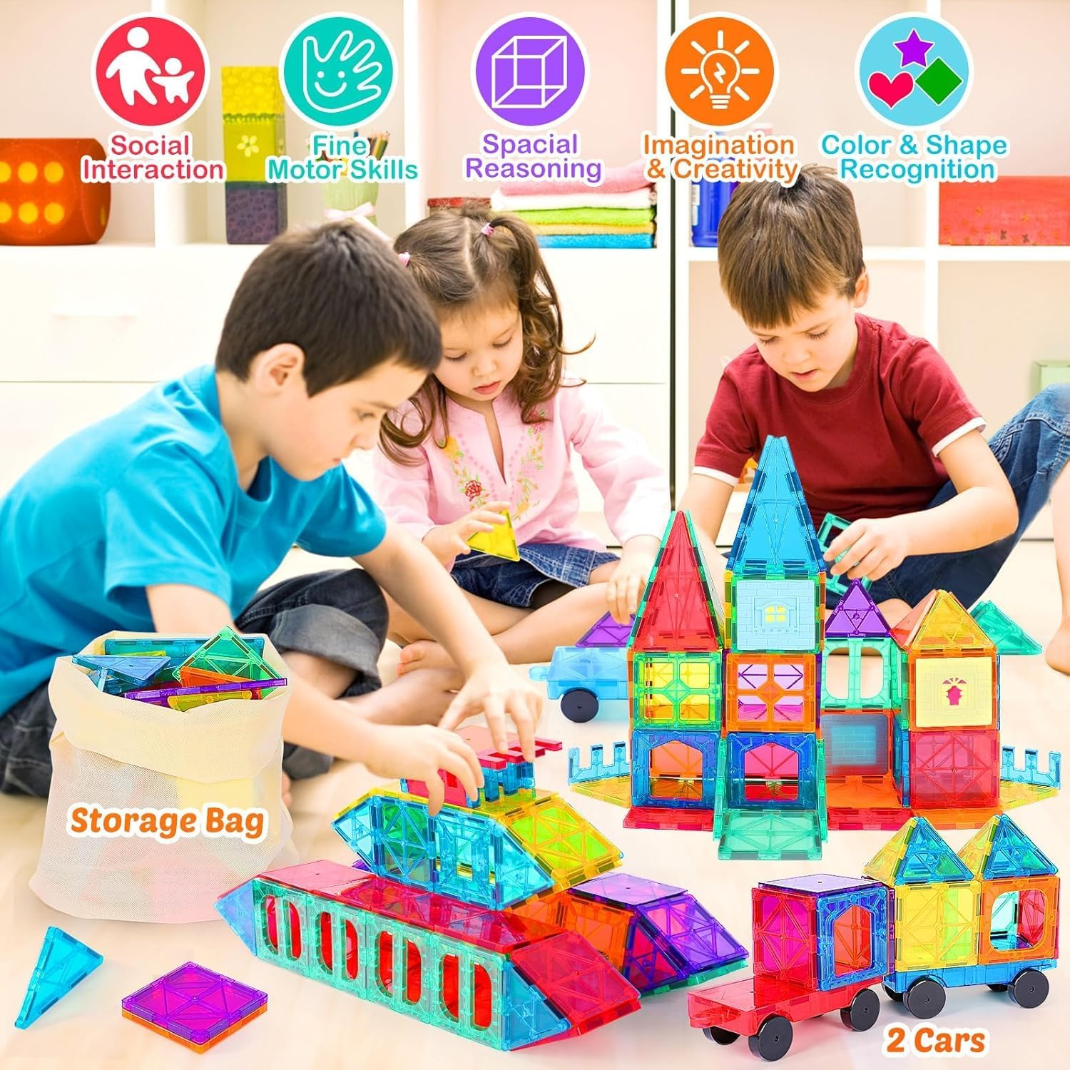 Kiddobliss Magnetic Building Tiles for Kids 60-Piece Magnetic Tiles STEM Connetix Tiles Interlocking Educational Blocks for Minecraft & Learning | Safe & Non-Toxic | Ideal for Ages 3+ Australia image number 6