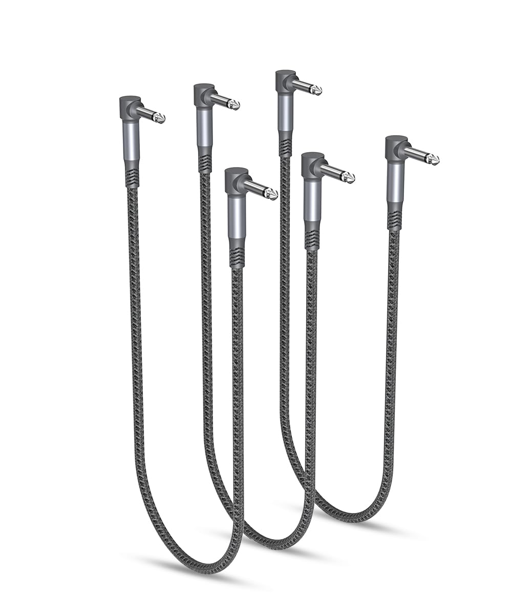 RUXELY Guitar Patch Cables 30CM 6-Pack,6.35Mm Effects Pedal Board Cord,Nylon Braided 1/4" Right-Angle Instrument Audio Cable,Pedalboard Connector TS Copper Wire for Amp/Amplifier,Mixer,Electric Bass