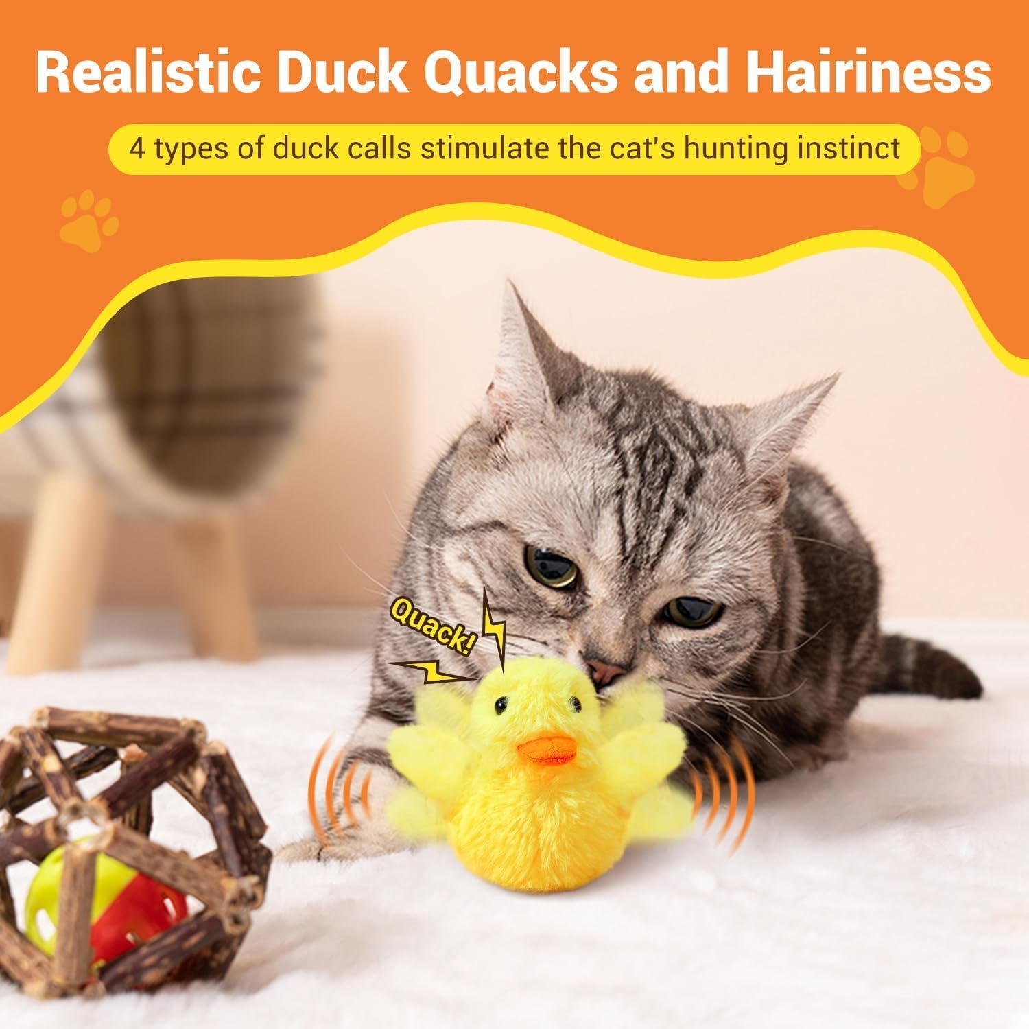 Interactive Cat Toys, Three Different Game Modes, with Simulated Duck Quack Sound, Electric Cat Toy, Realistic Plush Duck USB Charging Washable for Indoor Cats image number 5