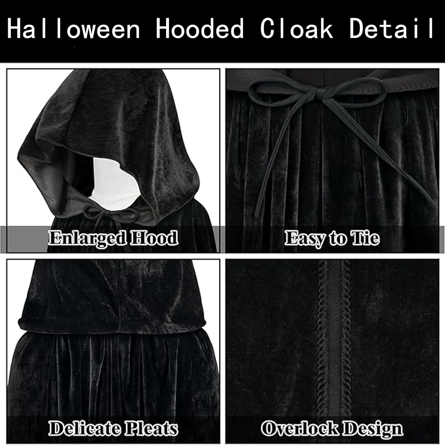 Halloween Velvet Hooded Cloak for Women & Men - Witch Vampire Wizard Cape Costume with Long Hooded Cape - Halloween Cosplay, Renaissance Fair, Medieval Gothic Robe (Black) image number 6
