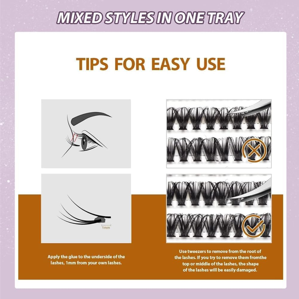 FANDIQ Individual Eyelashes Wispy Lash Clusters Kit 570 Pcs Eyelash Extension Kit D Curl Cluster Lashes 8-16MM DIY Eyelash Extension Kit with Lash Bond and Remover Tweezers Double-Ended Brush(A01 KIT)