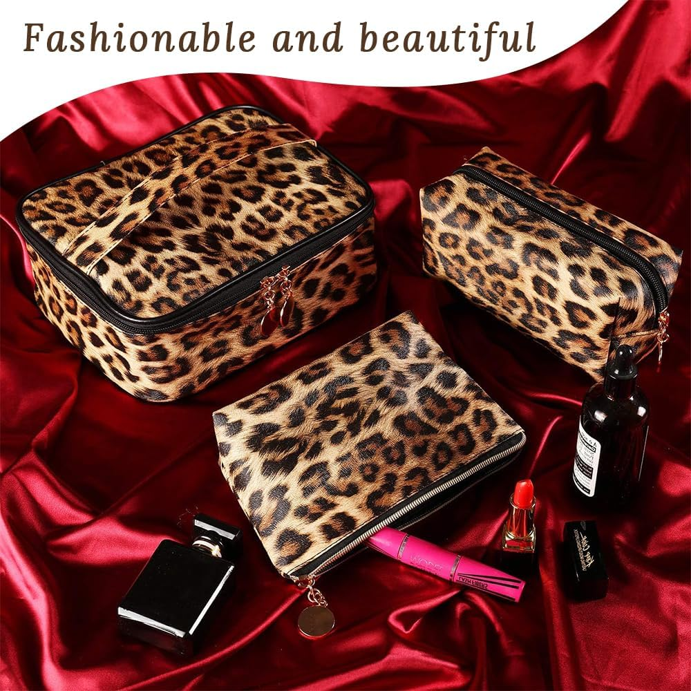 3-Piece Leopard Print Cosmetic Bag Set, Cheetah Print Portable Travel Cosmetic Bag, Multifunctional Women'S Handbag, Waterproof Storage Box with Zipper, Large-Capacity Toiletry Storage Box image number 1