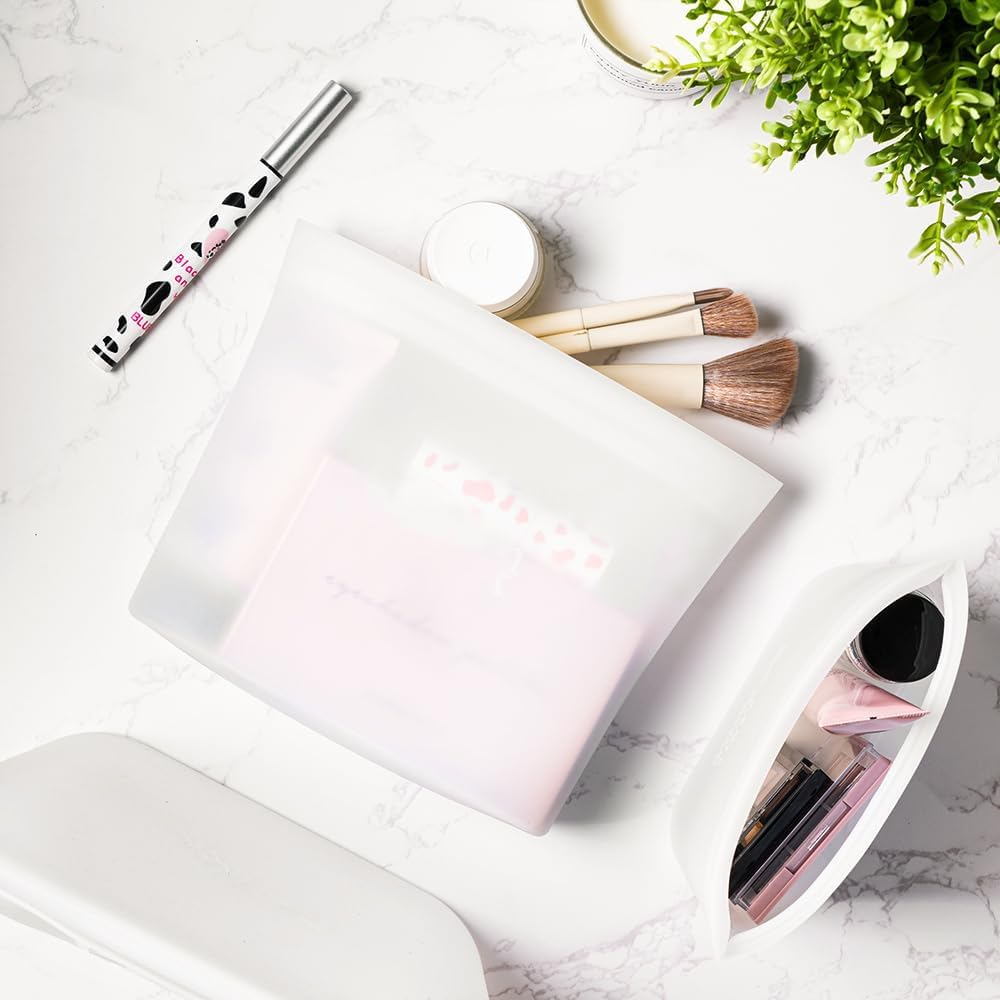 3Pcs Silicone Food Storage Bags, Sandwich Snack Bags New Generation Stand up Zip Container for Soup and Leftovers, Plastice & BPA Free, Microwave Oven Safe 3 Pack (51Oz, 34Oz, 17Oz)，White image number 5