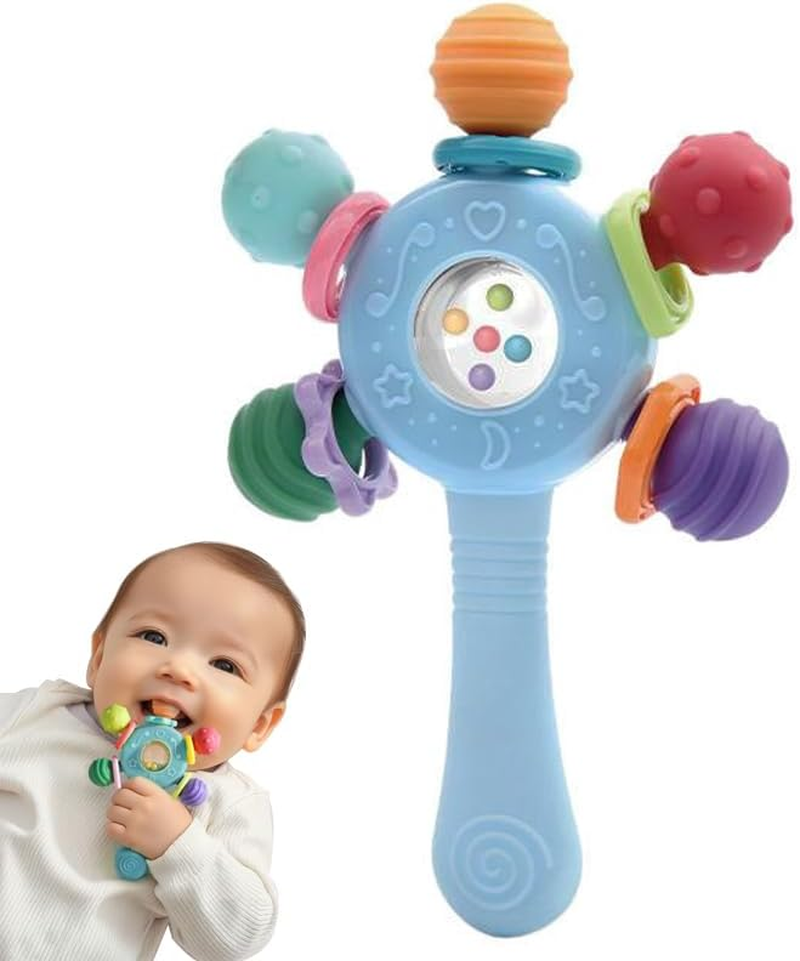 Baby Montessori Sensory Toys for 0-6 6-12 Months, Montessori Early Education Toy, Teething Toy for 3-6 Months, 6-12 Months, Rattle Stick Toy,Baby Rattle, Grasp Training Toy, Baby Teething Toys, Newborn Toys (Blue)
