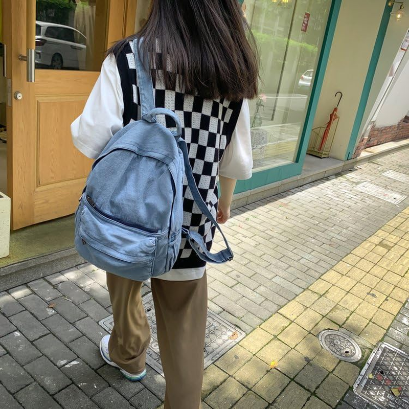 TYHOTULY Lightweight Travel Denim Backpack Vintage Daypack Y2K Backpack Multipurpose Adjustable Shoulder Bags for Women Men - Blue image number 5