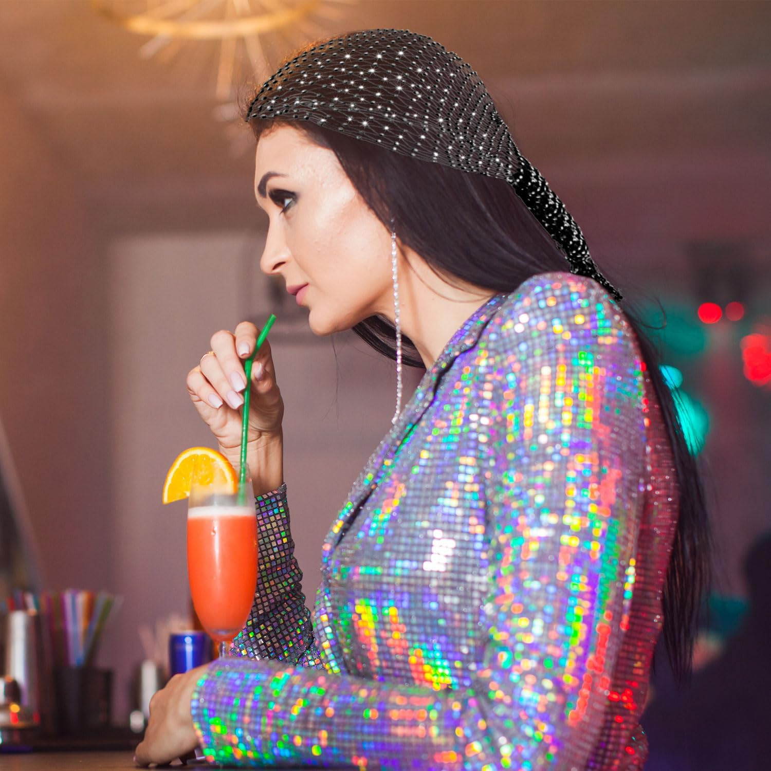 NQEUEPN Rhinestone Head Scarf, Black Glitter Crystal Mesh Headband Elastic Wide Head Wraps Diamond Sparkly Headpiece Party Nightclub Costume Hair Accessories for Women Girls image number 1