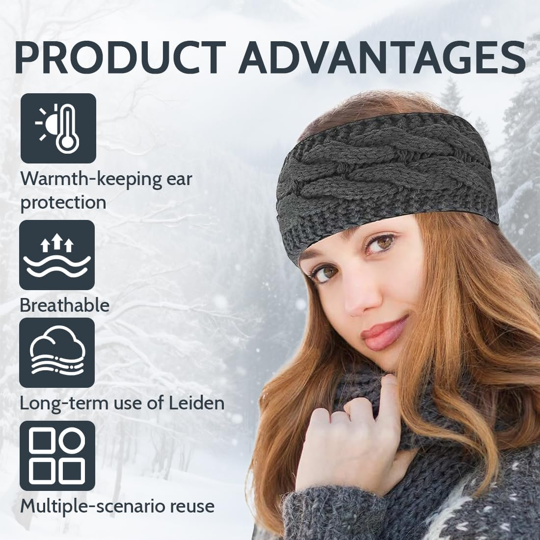 GGUFAY Women'S Winter Headband, Knitted Warm Headbands, Ear Warmers, Headband, Hair Band, Thick for Women and Girls, Elastic Crochet Thermal Headband (Black, Dark Grey) image number 3