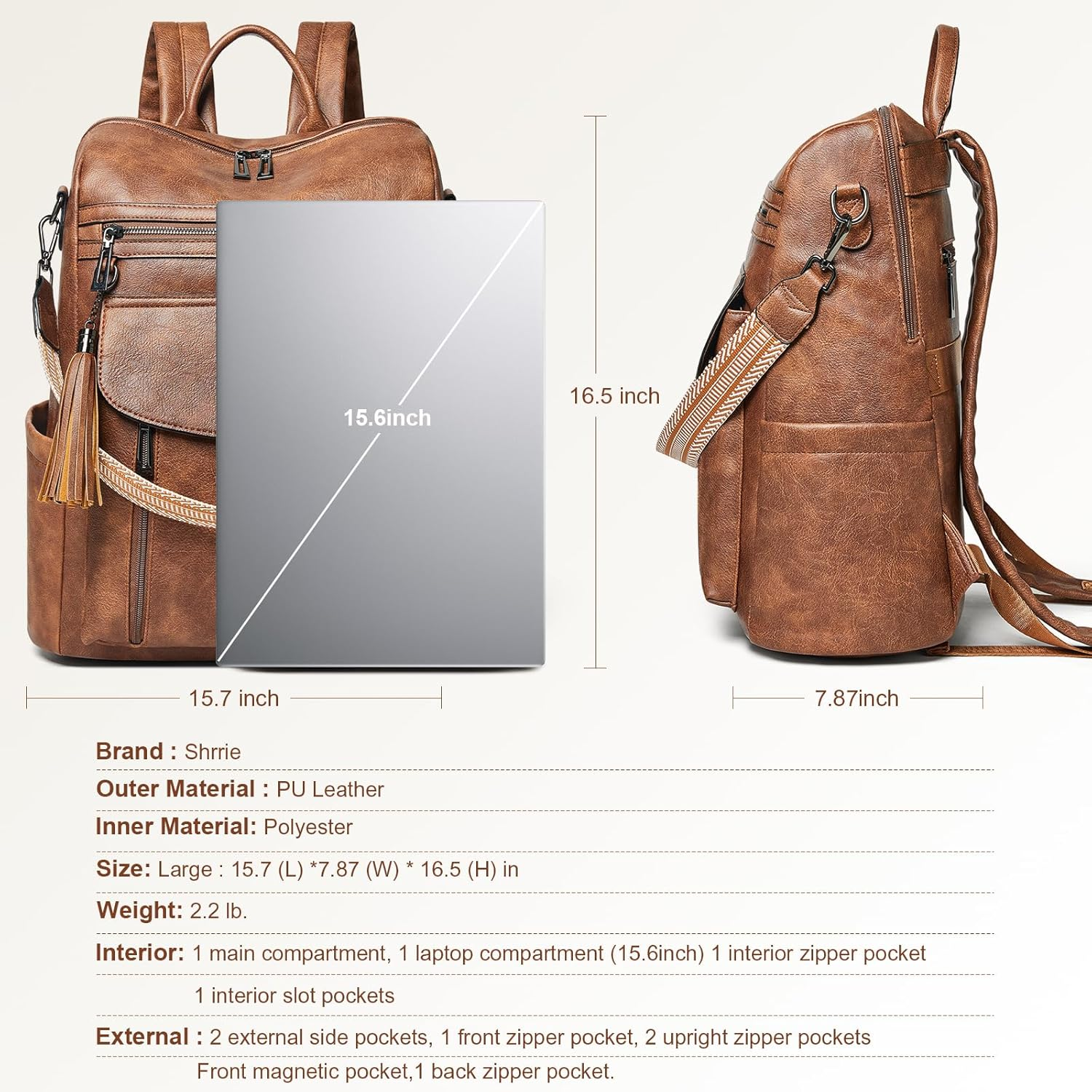 Shrrie Laptop Backpack for Women 15.6 Inch,Travel Leather Backpack Purse Nurse Teacher Carry on Backpack - Two-Tone Black image number 3