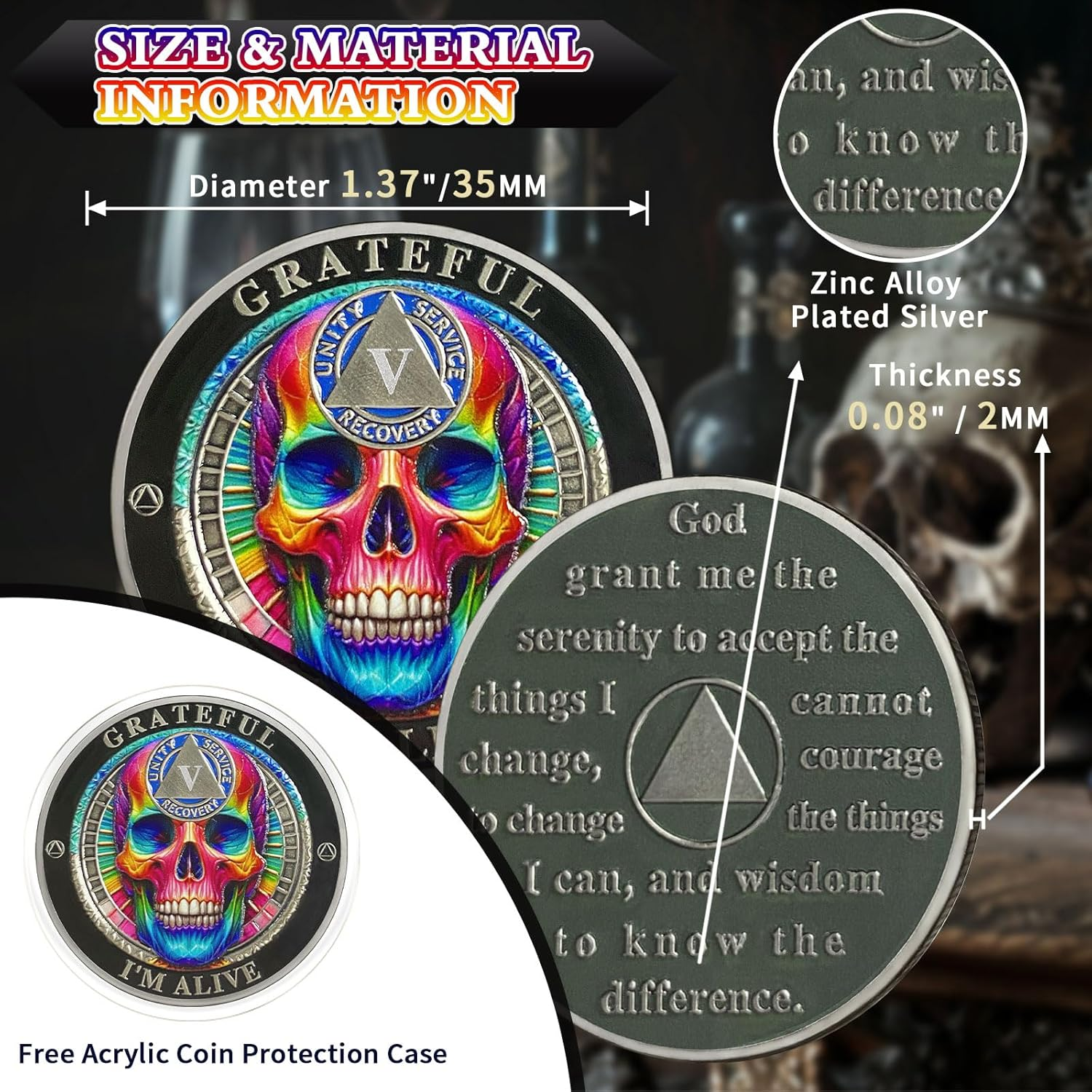 Rainbow Skull 5 Year Sobriety Coin Grateful I'M Alive Five Years Sober Chip - AA Chips and Medallion - AA Coin with Serenity Prayer Sobriety Gifts for Men Women image number 1