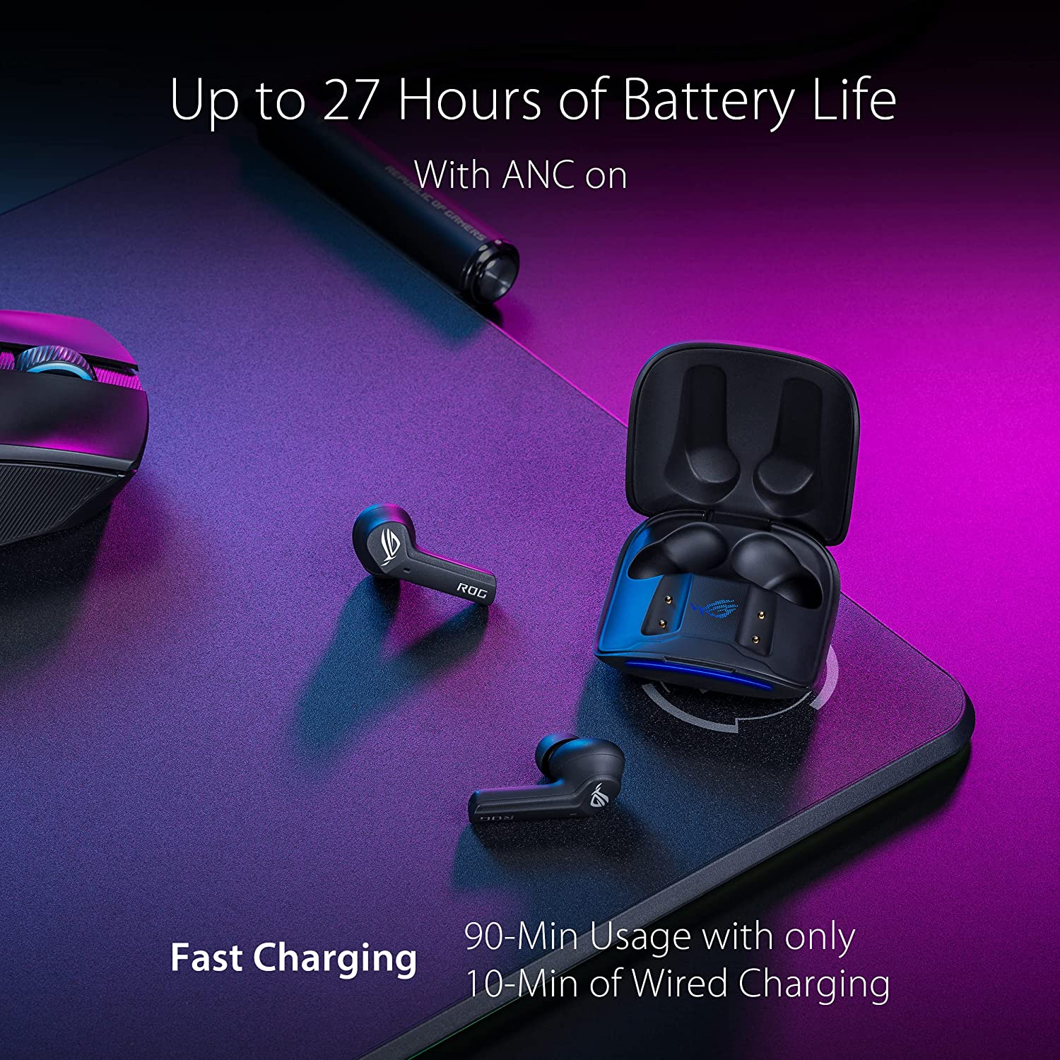 ASUS ROG Cetra True Wireless Gaming Earbuds, Low-Latency Bluetooth Earbuds, Active Noise Cancelation, 27-Hour Battery Life, IPX4 Water Resistance, Headphone with Wireless Charging,Black image number 5