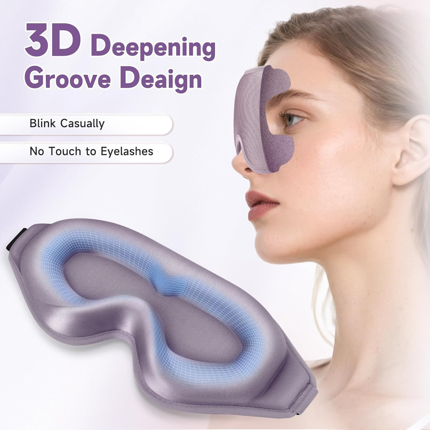 3D Eye Sleep Mask, 99% Fully Block Out Light Deep Contoured Eyes Cover NO Pressure with Adjustable Strap, Long Lash Extension Eyes Mask for Women Men Sleeping Travel Home Nap Rest Use (Light Purple) - Grey image number 4