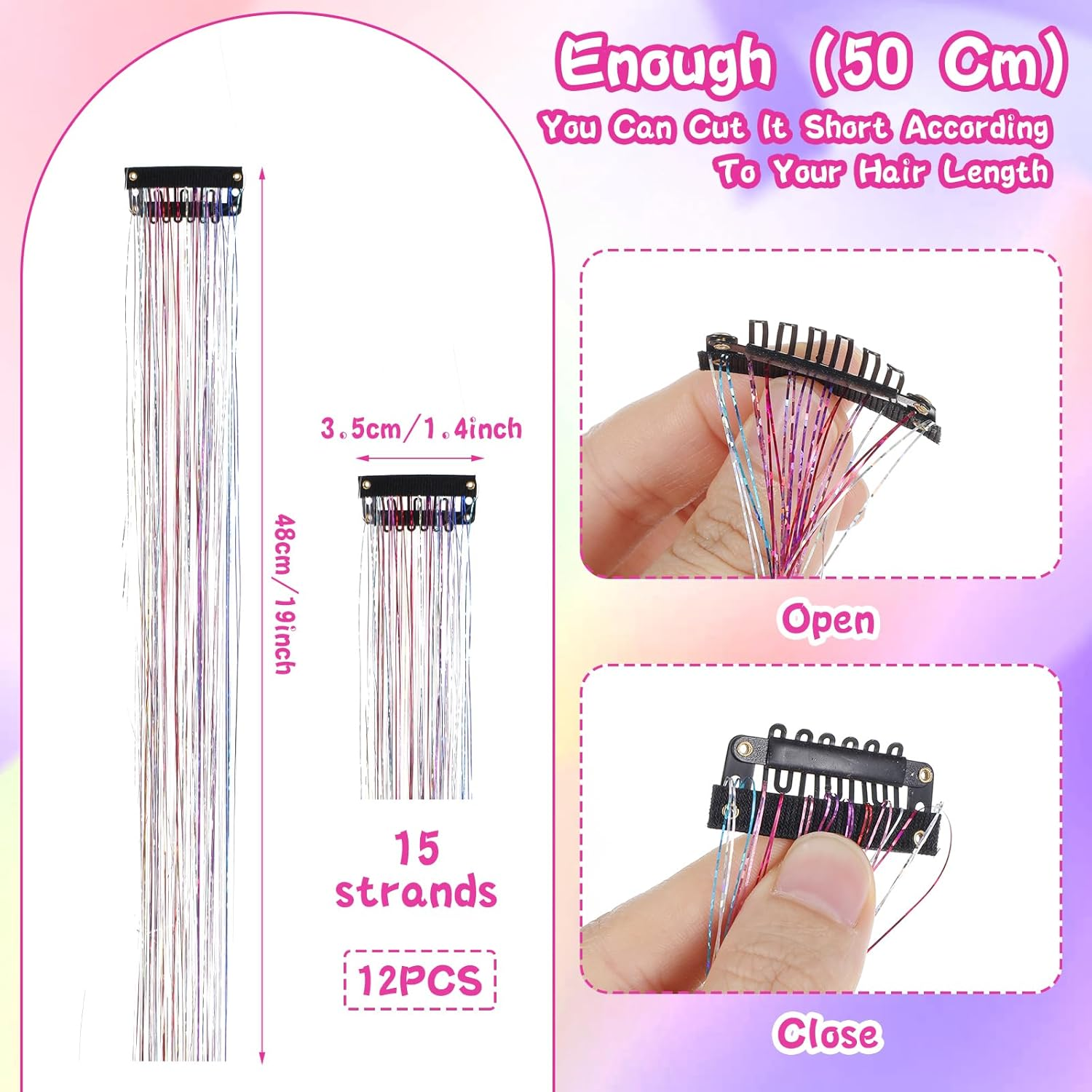 Hair Tinsel 12Pcs Tinsel Hair Extensions 20 Inch Clip in Glitter Hair Extension Colorful Hair Tinsel Hair Glitter Strands Tinsel Kit Hair Accessories for Women Girls Cosplay Halloween Party Festival image number 4