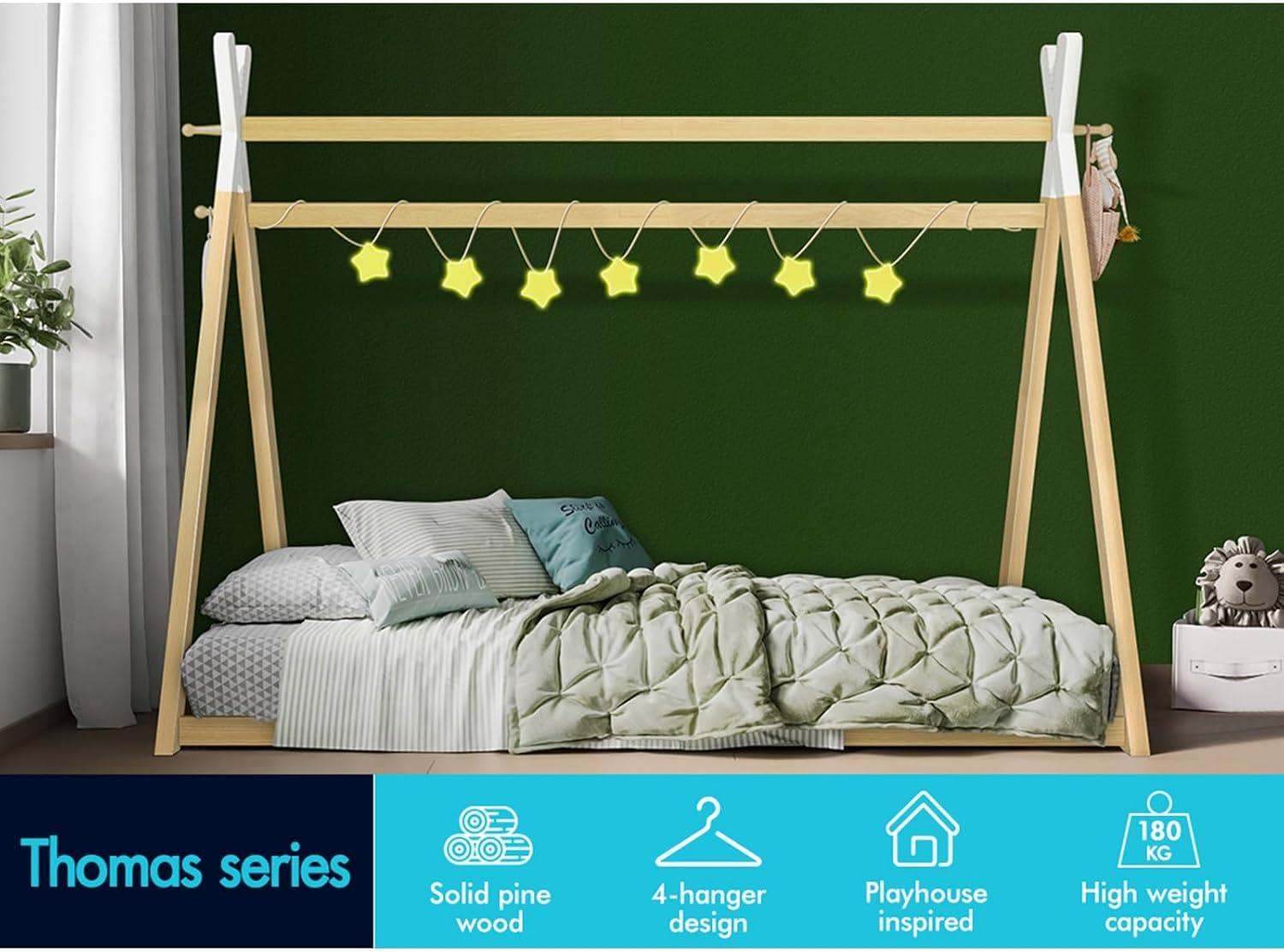 ALFORDSON Wooden Timber House Bed Frame Teepee Single, Solid Wood Bed Base Foundation Children'S Mattress Base Platform, Taran Series Bedroom Furniture, Thomas Series, Wood Color image number 1