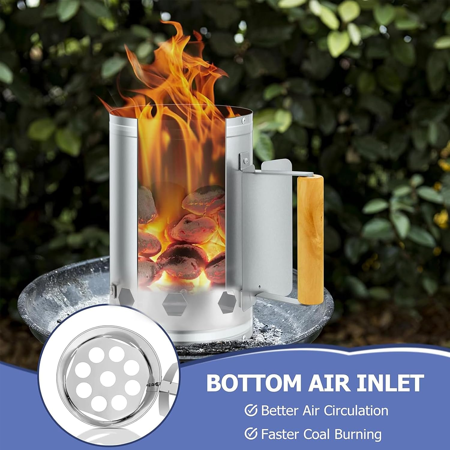 Zalizr Charcoal Igniter with Clamp Set, Portable Chimney Starter for Charcoal Grills and Barbecues, Chimney Lighter Basket for Outdoor Camping and Cooking (Silver, Wooden Handle) image number 4