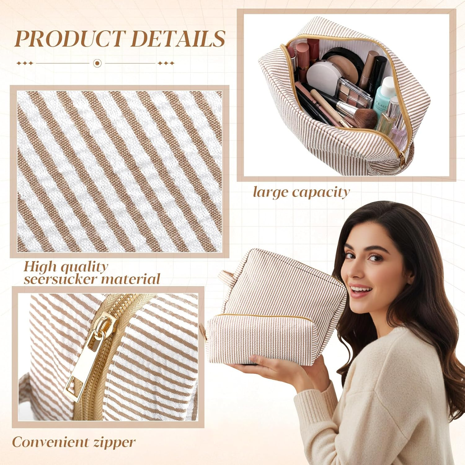 Sanwuta 2 Pcs Makeup Bag Set Seersucker Cosmetic Bag for Women Cute Stripe Travel Toiletry Organizer Aesthetic Preppy Storage Pouch for Girls Wedding Bridesmaid Valentine'S Day Gifts, Brown - Brown image number 5