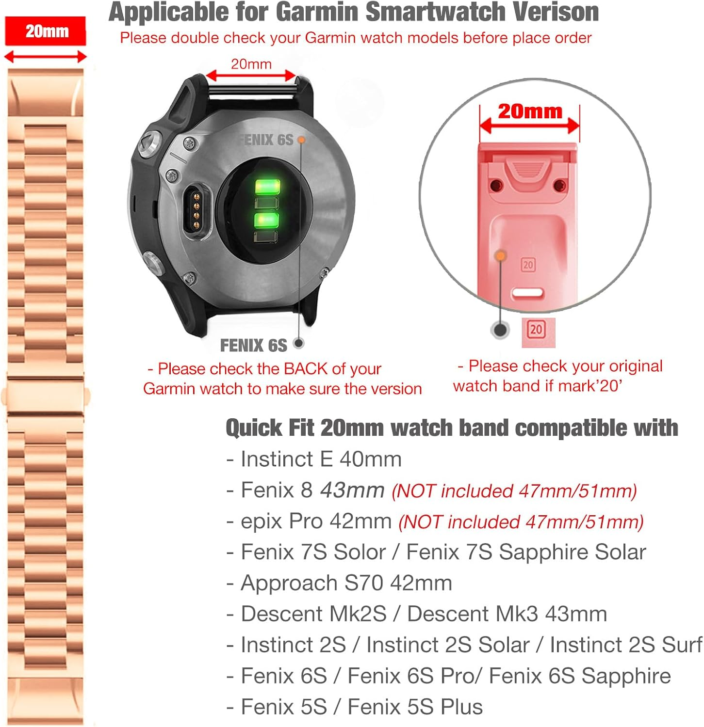 Abanen Stainless Steel Watch Bands for Fenix 5S / Fenix 6S / Fenix 7S / Descent MK2S, 20Mm Quick Fit Metal Adjustable Replacement Wristband Strap for Garmin Epix Pro 42Mm - Black image number 6