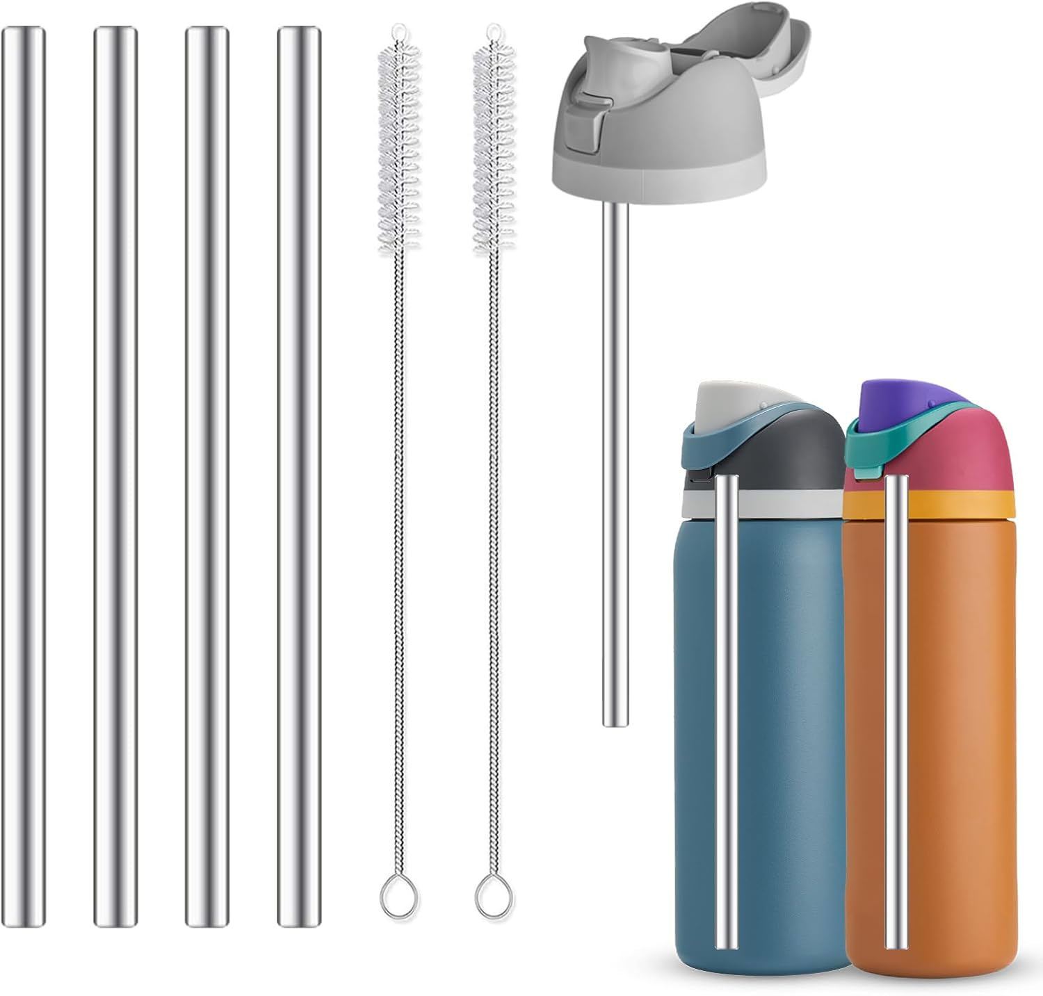 4Pcs Replacement Stainless Steel Straws Compatible with Owala Water Bottle 24Oz 32Oz Reusable Straws with 2 Cleaning Brushes Metal Straw Replacement Compatible with Owala Freesip (21Cm for 24-32Oz)