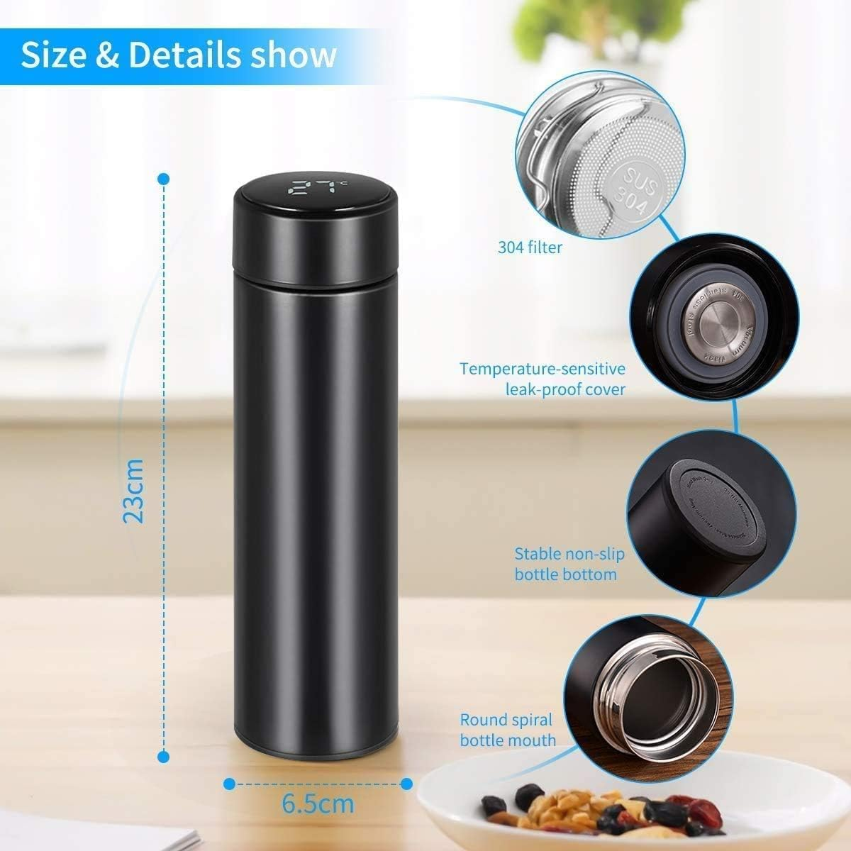 [2025 Upgrade] Smart Vacuum Insulated Water Bottle Travel Mug with LED Temperature Display | 304 Stainless Steel Drink Bottle | Perfect for Sport Out Door Travel and Office, Black, 500Ml