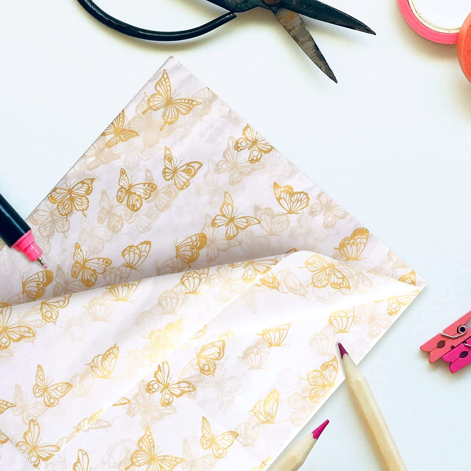KINBOM 30Pcs 14X20Inch Golden Butterfly Tissue Paper Sheets, Gold Wrapping Tissue Paper Bulk for Packaging for Christmas Wedding Birthday Party Baby Showers DIY Crafts Arts (White Background) image number 4