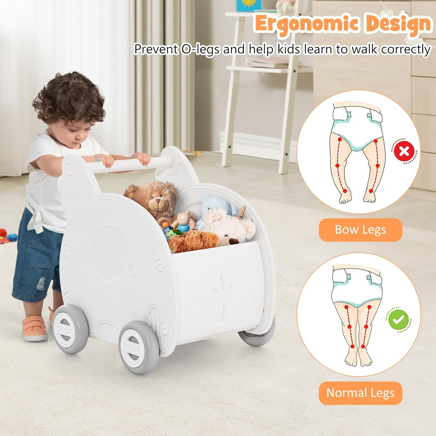 HONEY JOY Baby Walker Push Toy, 4-Wheel Toddler Toy Cart Elephant Shape, Cute HDPE Kids Push Toy W/Wheels & Handle, Baby Push Walker for Boys Girls of 3+ Years Old, White image number 5
