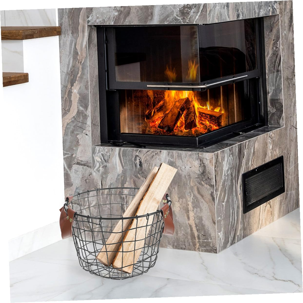 2Pcs Rustic Firewood Storage Baskets with Handles Metal Wire round Log Holders for Indoor Outdoor Large Capacity Firewood Carriers Farmhouse Style Storage Bins image number 3