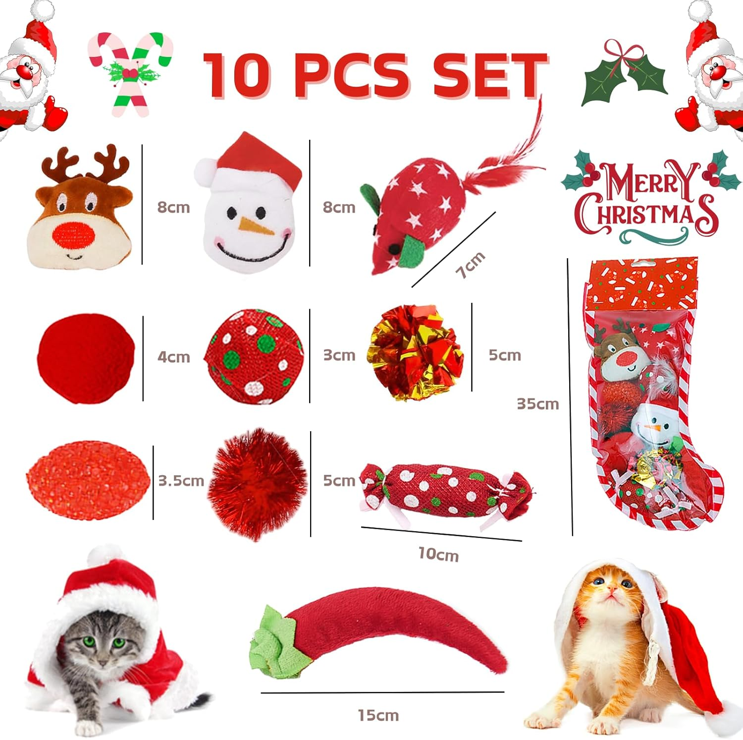 Septillar Cat Toys,10 PCS Cat Christmas Stocking Gift Set,Cat Toys for Indoor Cats Interactive Pet Cat Assorted Toys with Crinkle Ball Mice X-Mas Gifts Set for Kitten Kitty image number 5
