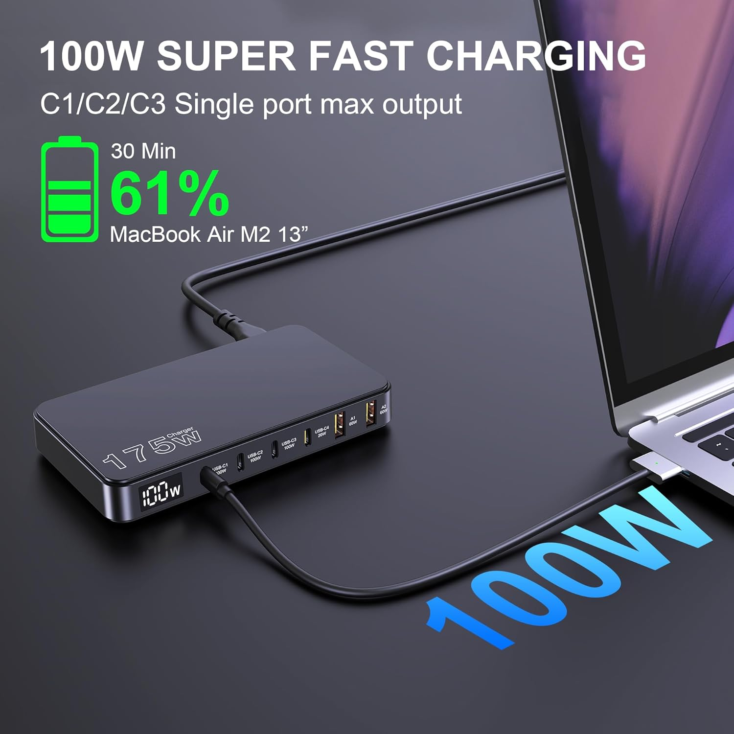 Tobetravel 175W USB C Charger, 6-Ports LCD Display Ultra-Thin Gan Charger, PD 100W PPS 45W QC60W Fast Charging Station for Macbook Laptop, Iphone 16 15, Galaxy S25/S24 Ultra, Ipad and More image number 1