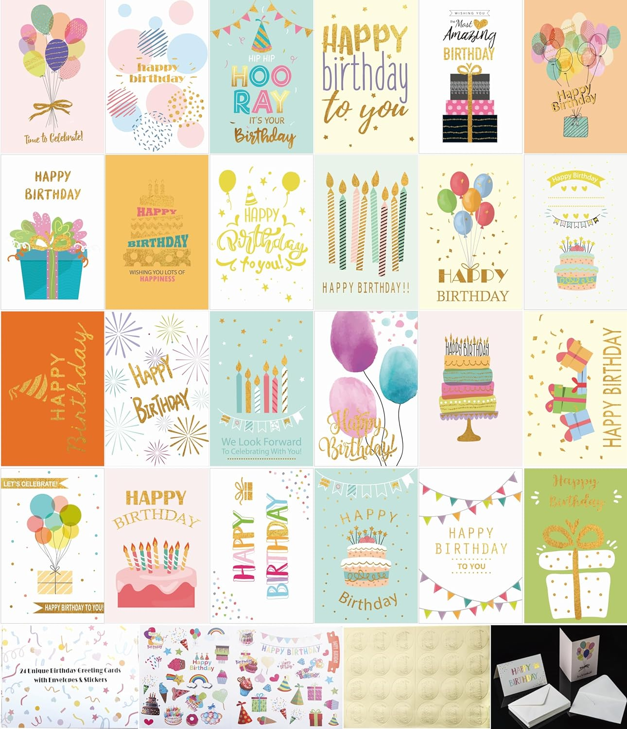 YANGDYDE BALLET 24 Pack Unique Gold Foil Birthday Cards with Stickers & Envelopes -4X6 Inches Blank Happy Birthday Cards Assortment in Bulk for Family/Kids/Friends/Work & Office Celebrations