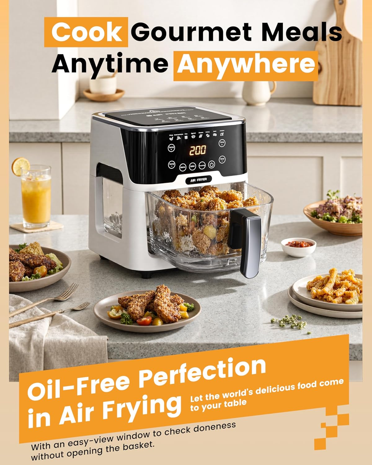 Air Fryer Glass - 5.2L Digital Airfryer Oven with Detachable Glass Pot, Multifunctional Oiless Cooker with LED Touch Screen, Adjustable Temperature 80-200℃, Healthy Less Fat & Easy to Clean
