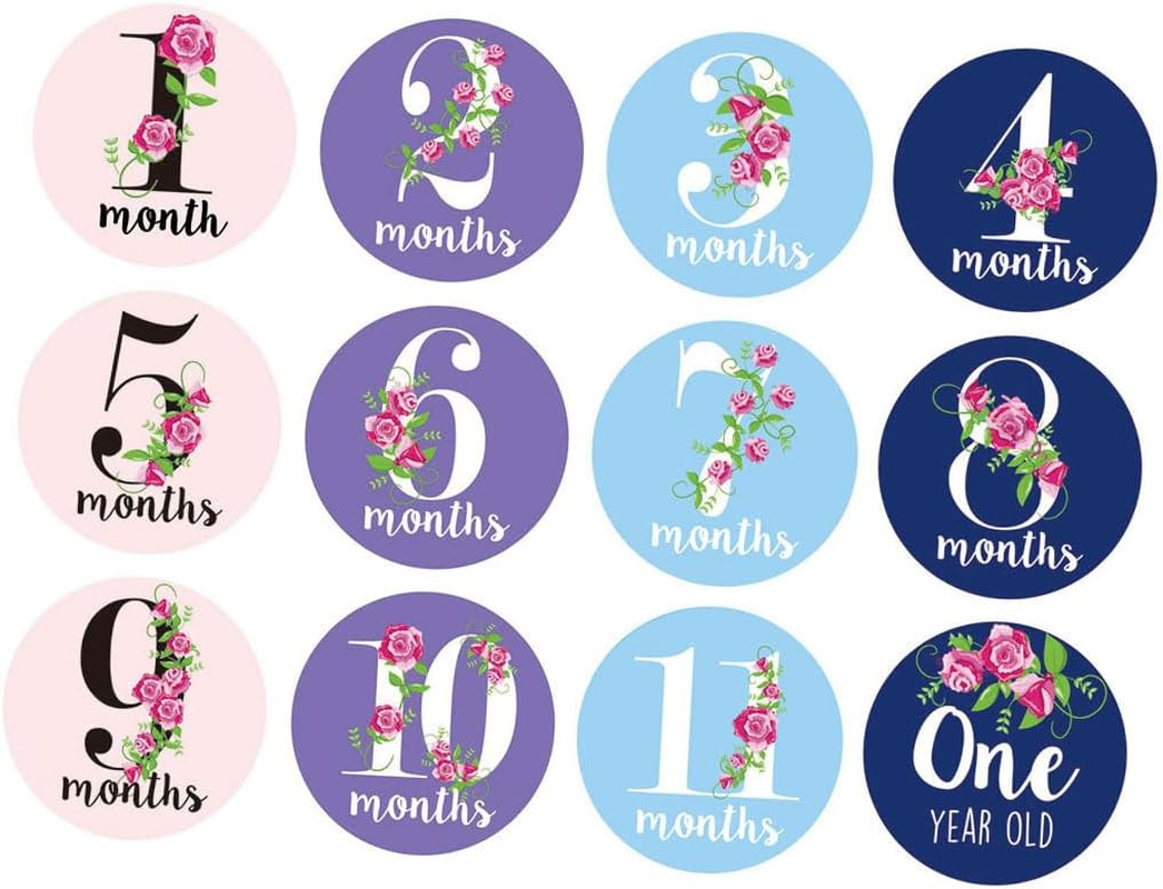 Monthly Milestone Sticker Signs with Flower Patterns: Photography Props and Announcement Sign,12Pcs image number 1