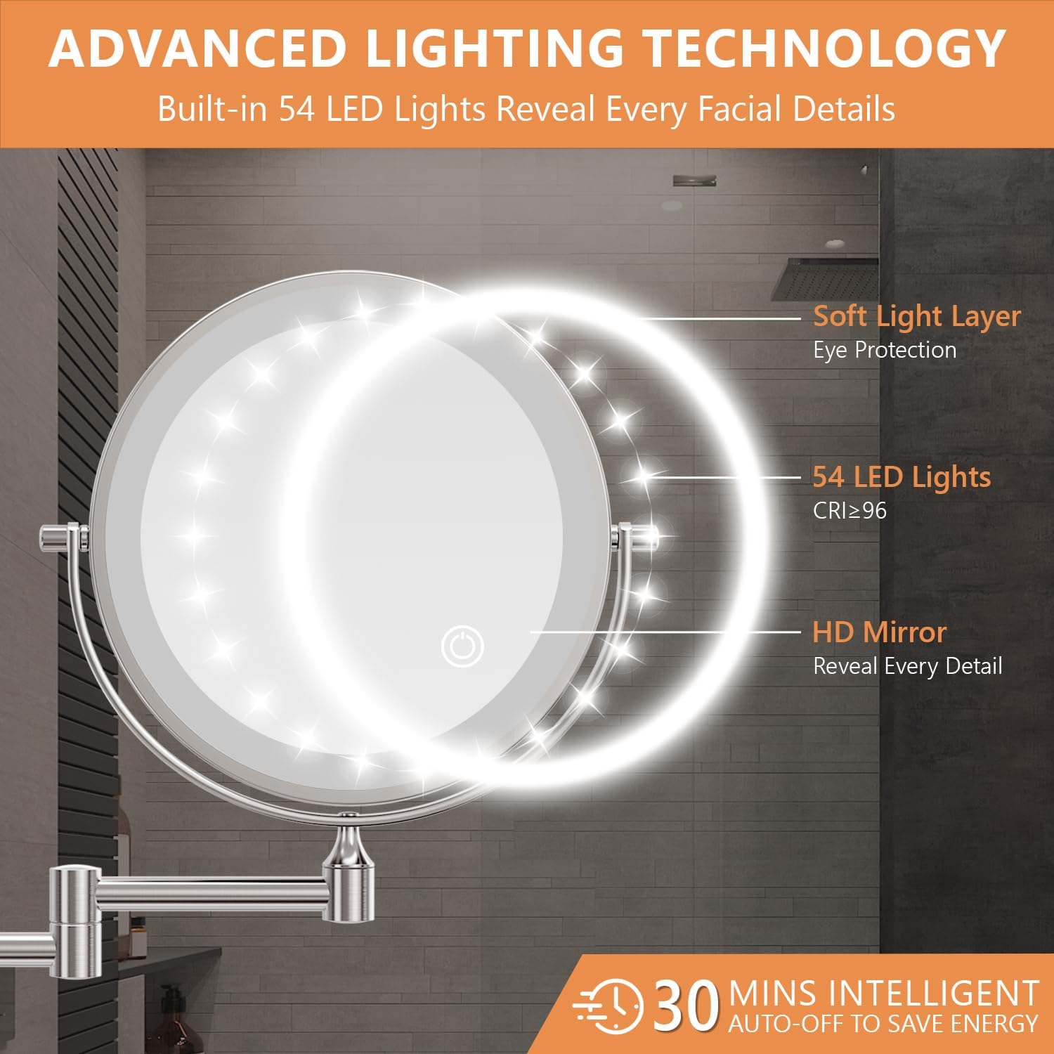 Auxmir Lighted Wall Mounted 20X Magnifying Makeup Mirror, 8" Double-Sided 360&deg; Swivel Shaving Mirror with Extendable Arm, 3200Mah Rechargeable Dimmable Mirrors with Tweezer for Bathroom and Hotel image number 1