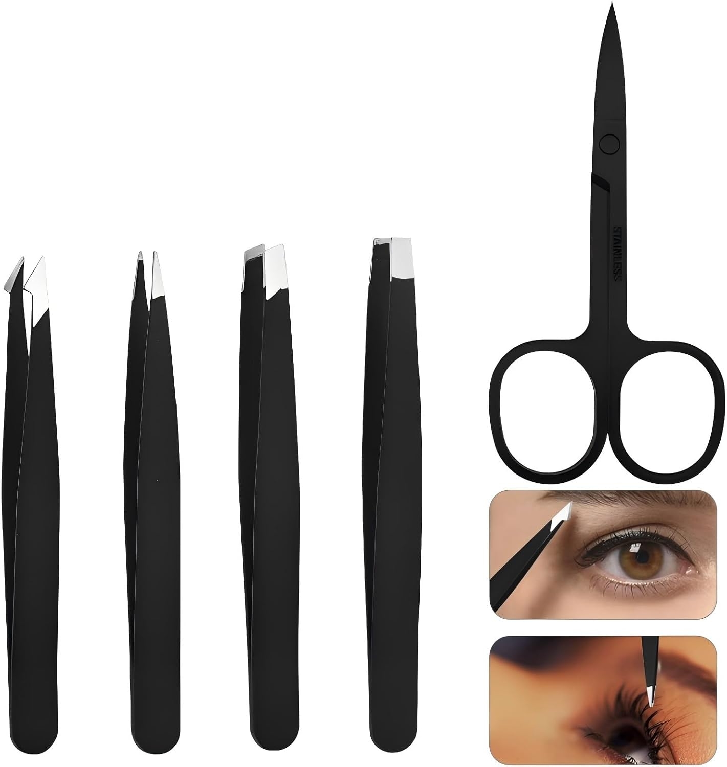 HIGHROCK 5Pcs Eyebrow Tweezers Set, Stainless Steel Slant and Pointed Tips, Small Scissors， Precision Hair Removal Tools image number 3