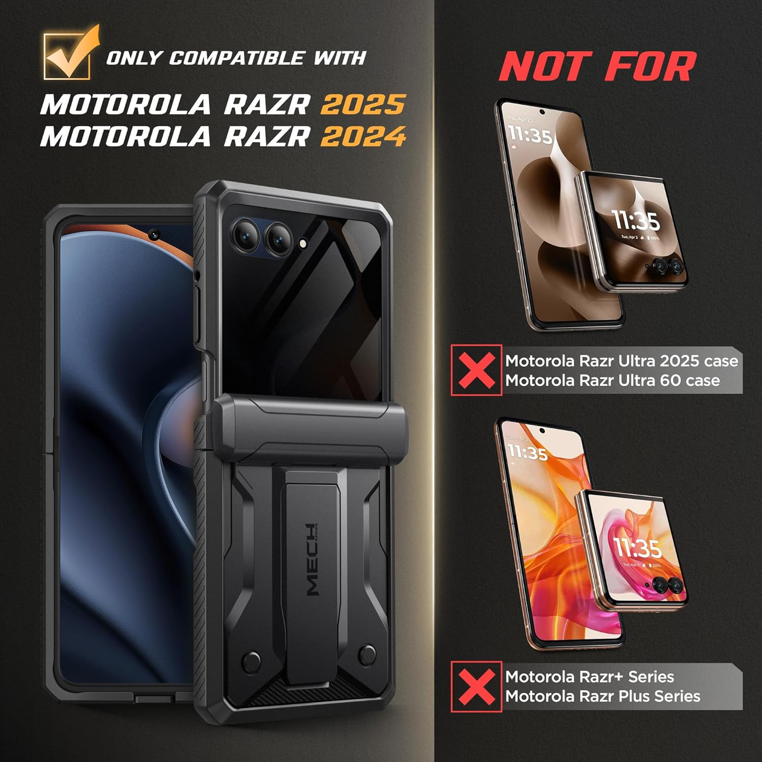 TONGATE for Motorola Razr 2025/Razr 2024 Case with Privacy Screen Protector, [Stand & Belt-Clip] [Hinge Protection Cover] [Anti-Slip], Full-Body Military Grade Protective Phone Case, Black - Black With Privacy Screen Protector image number 6