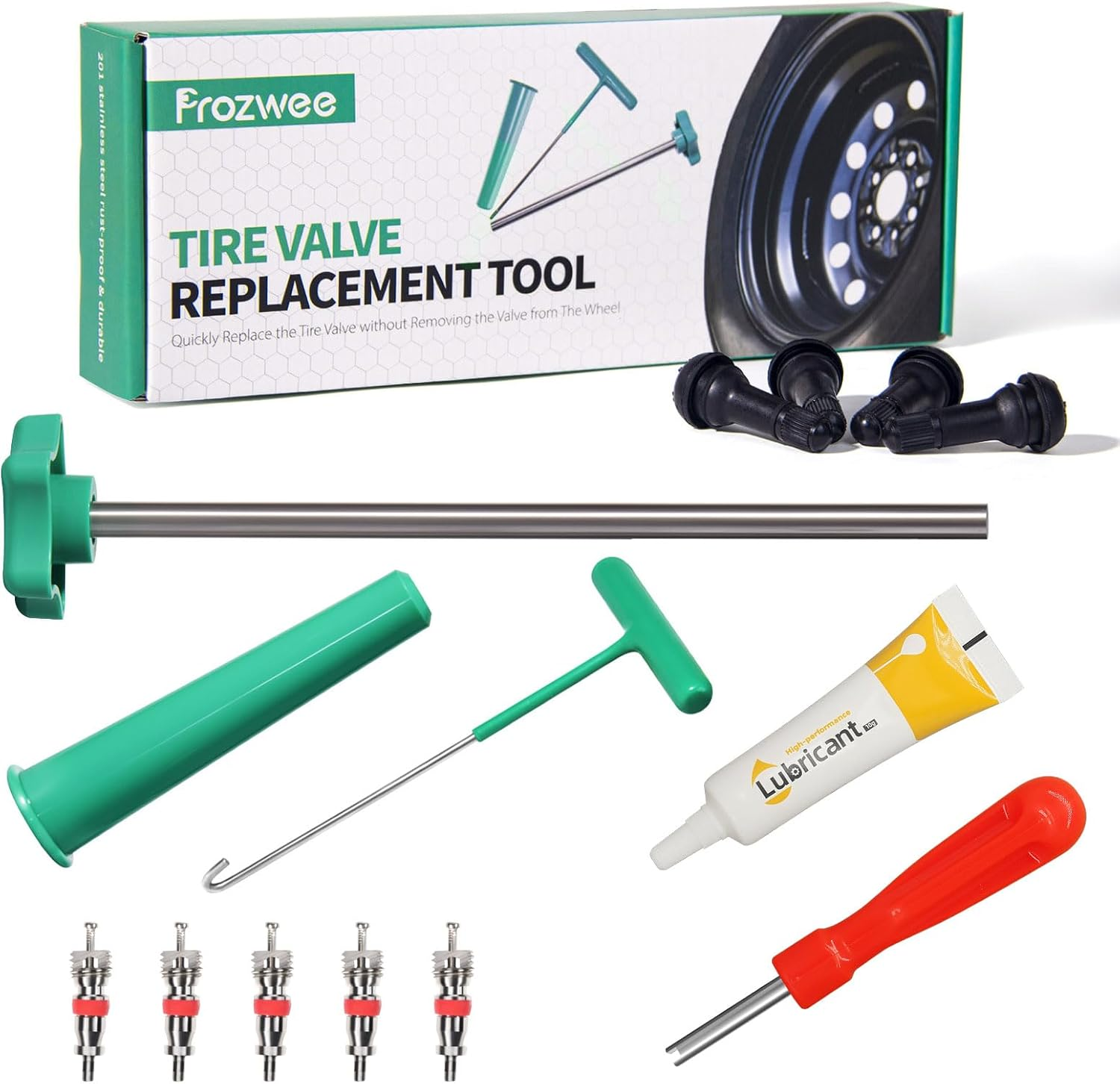 Tire Valve Stem Core Quickly Replacement Tool Kit,Perfect Tool for Replacing Leaky Valves in Cars,Trucks,Motorcycles, Etc.With 4PCS TR413 Valve Stems