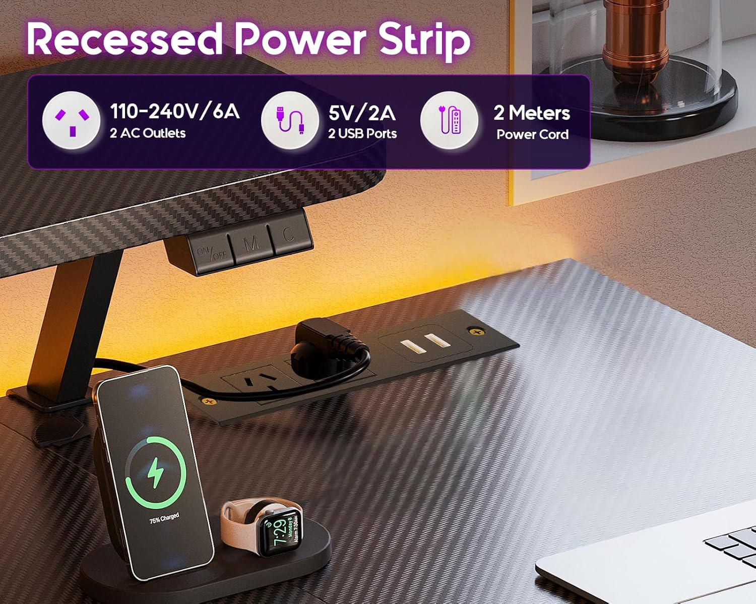 ODK L Shaped Gaming Desk with LED Lights& Power Outlets, Gaming Table with Monitor Stand, Corner Gaming Desk with Storage&Hook,Modern Simple Computer PC Desks, 120 * 70 * 92.8Cm, Carbon Fiber Black image number 1