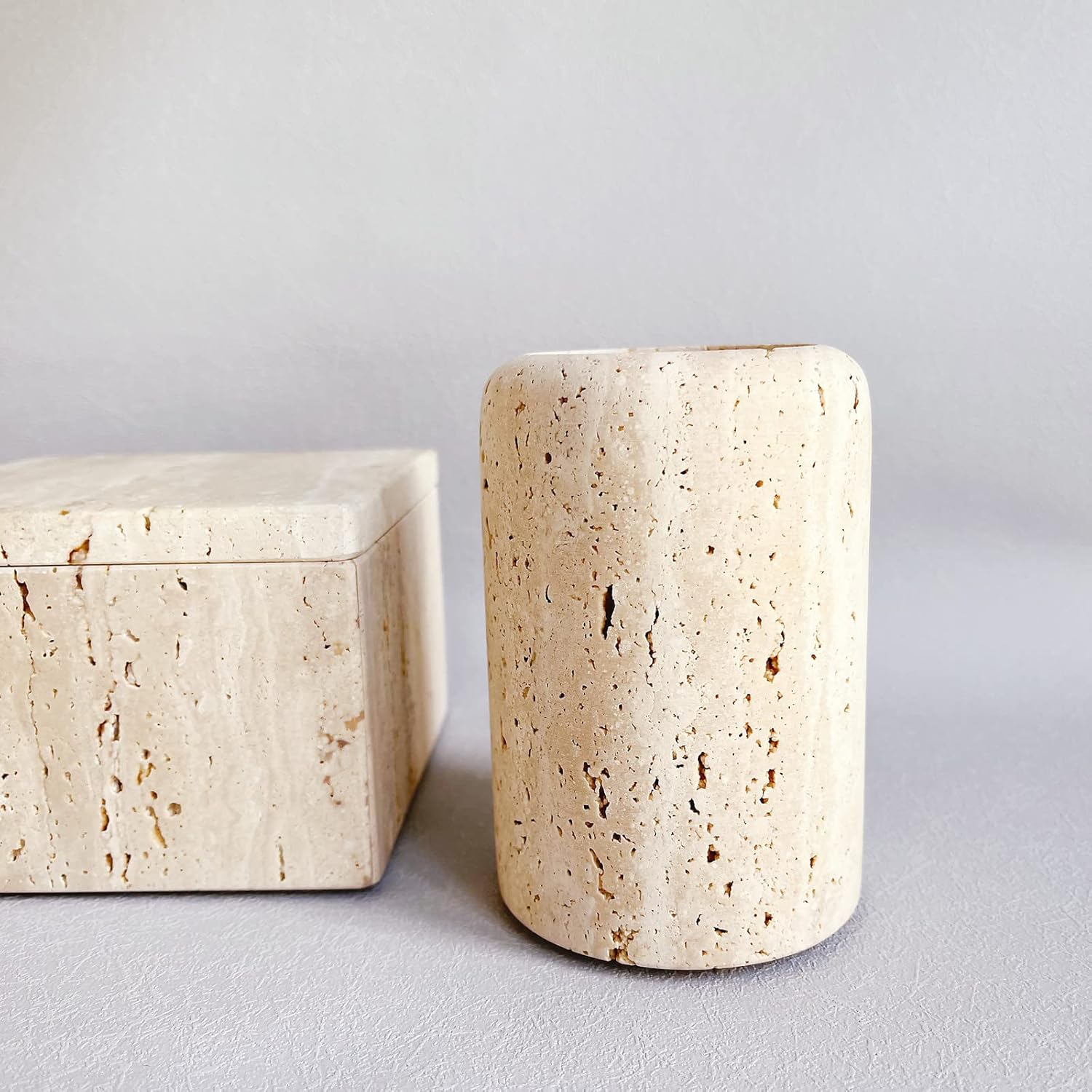 Stoneplus Natural Beige Marble Travertine Toothbrush Holder Makeup Brush Holder Bathroom Countertop Organizer (Rice White Travertine) image number 6