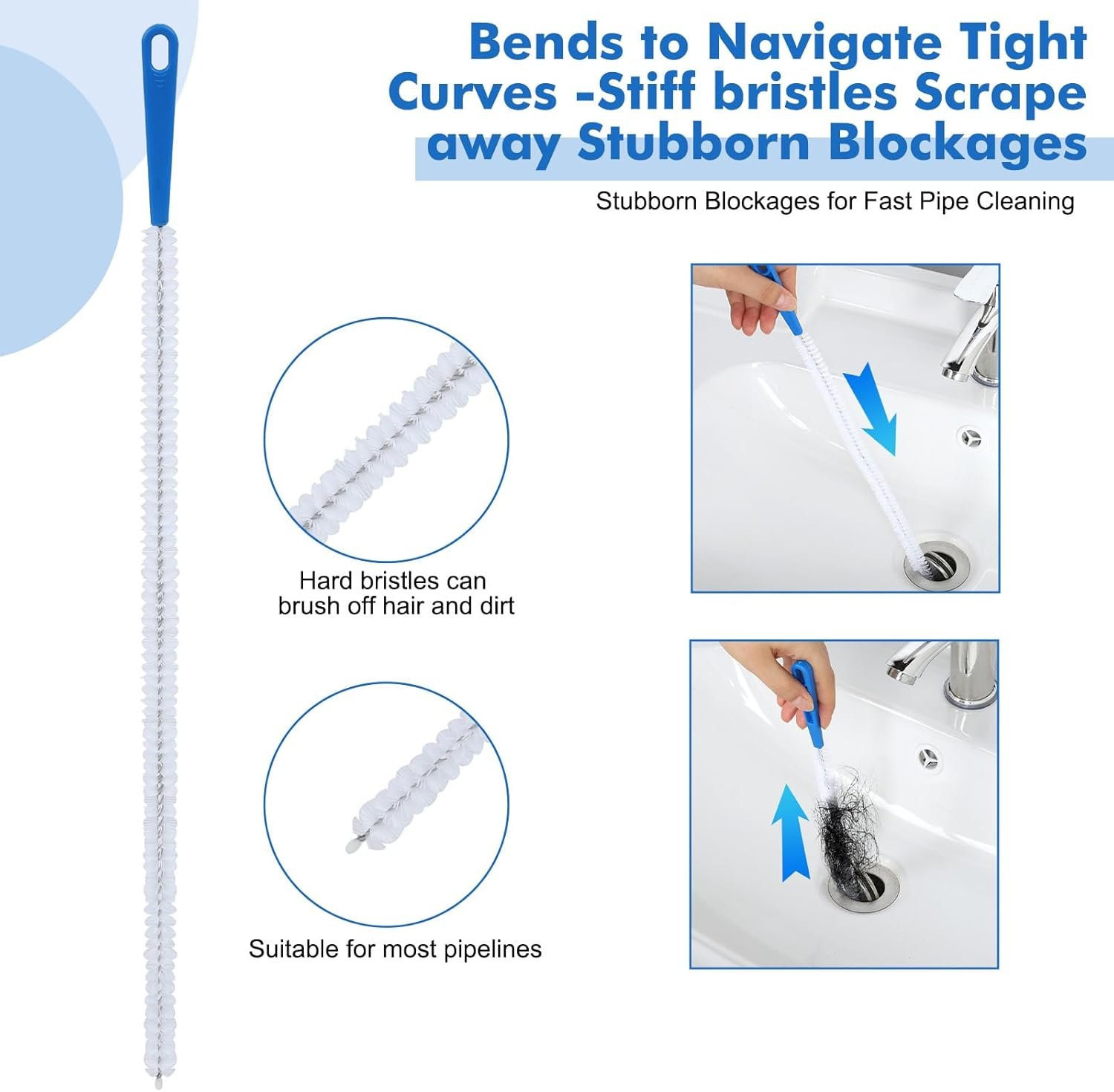 Cozary Pack of 4 Drain Cleaner Spiral, Double Head Pipe Cleaning Brush, Stainless Steel Duct Cleaner, with Pipe Cleaner, Drain Brush and Flexible, Drain Brush, for Drain in Kitchen and Shower image number 3