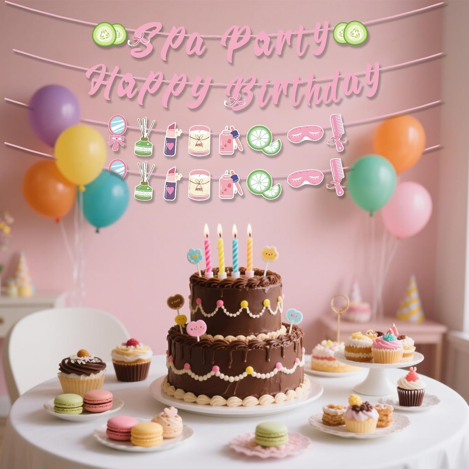 Tinoaly Spa Party Decorations, Pre-Strung Pink Happy Birthday Banner & Sign Perfect for Girls Women Spa Day Sleepover Slumber or Makeup Theme Birthday Party Supplies