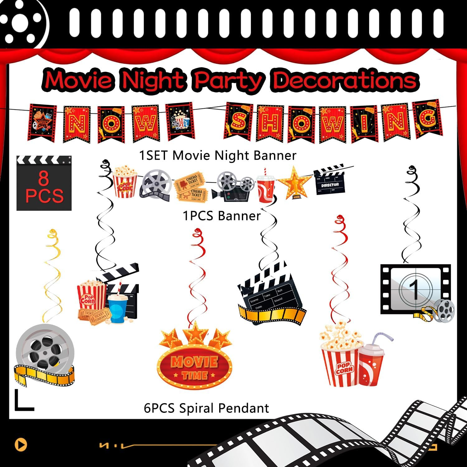 Movie Night Party Swirl Banner, 8Pcs Movie Night Birthday Party Decorations Set -Hanging Swirl & Now Showing Banner for Theme Decorations image number 4