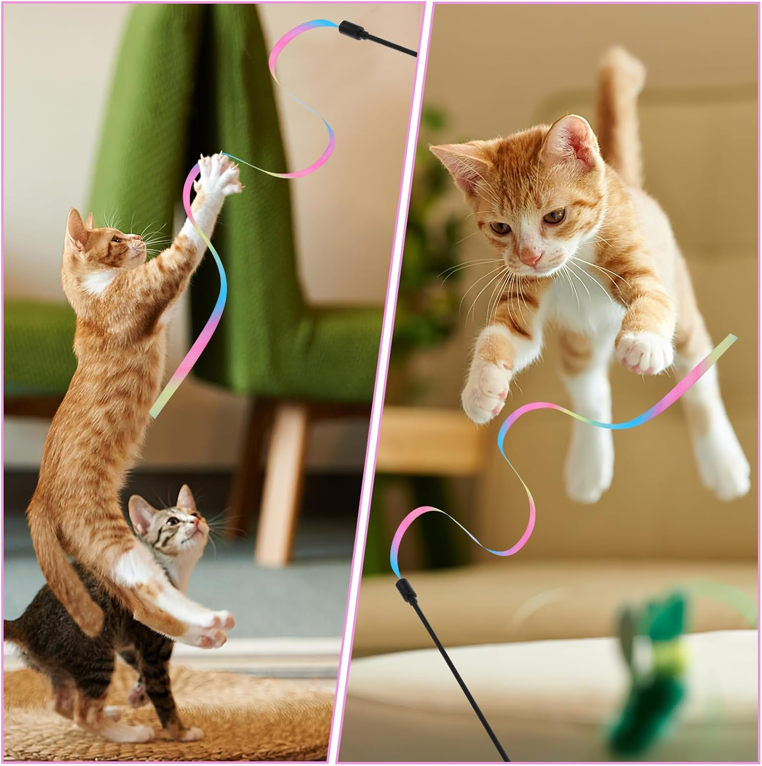 Bewudy Cat Wand Rainbow Toy, 3 Pieces 28 Cm Interactive Cat Wand with 60 Cm Rainbow Ribbon Cord Interactive Rainbow Band Wand for Kittens Cats Training image number 6