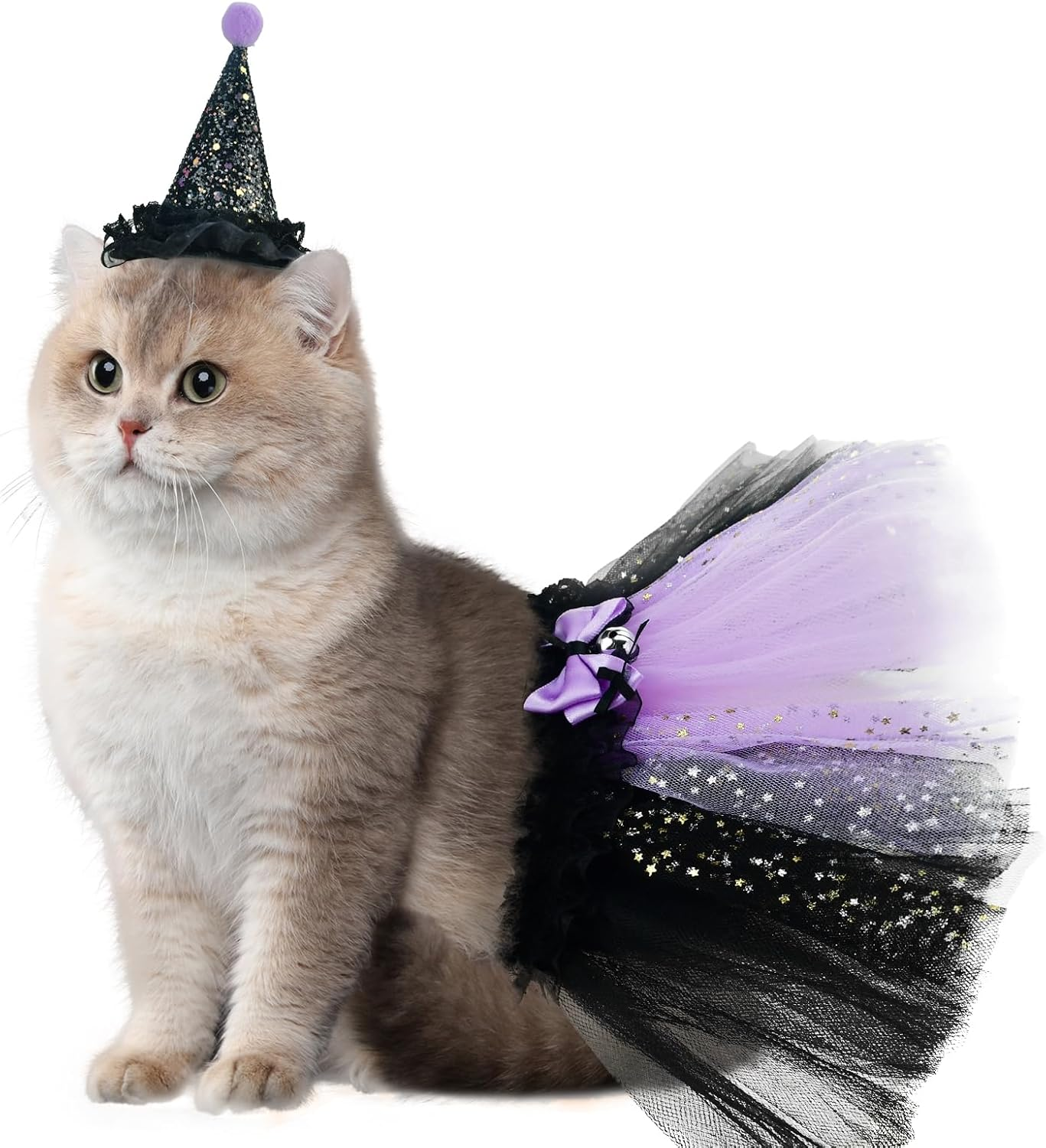 Shurung Pet Halloween Witch Costume for Cat Kitten Witch Hat & Black Tutu Skirt Cat Bandana Purple Wizard Cosplay Outfits Small Pet Halloween Costume for Puppies Cats L
