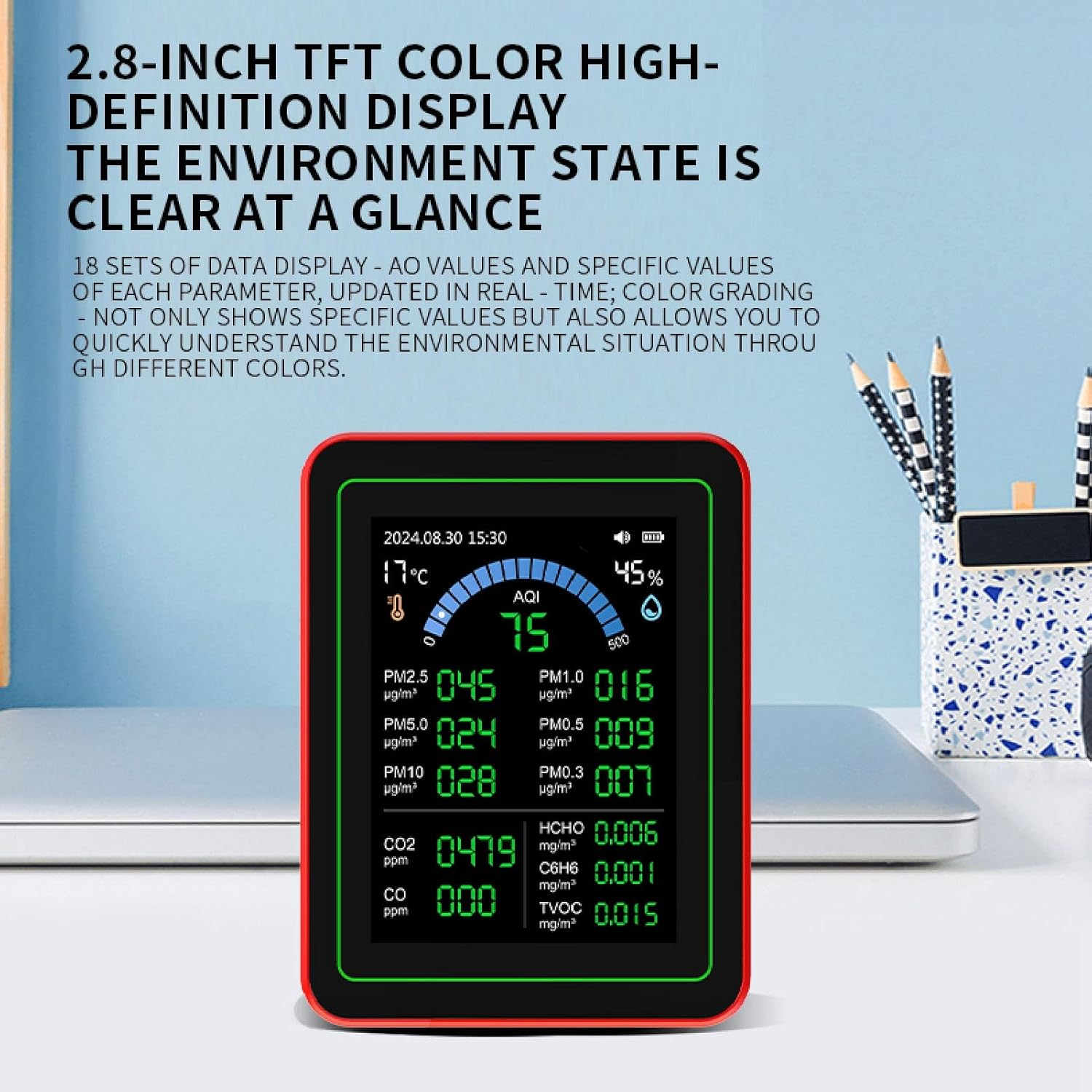 Air Quality Tester, CO2 TVOC HCHO PM2.5 Temp Humidity Detect, Indoor Data Storage Black, Data Curve Display, Runs up to 7 Hours​ image number 6