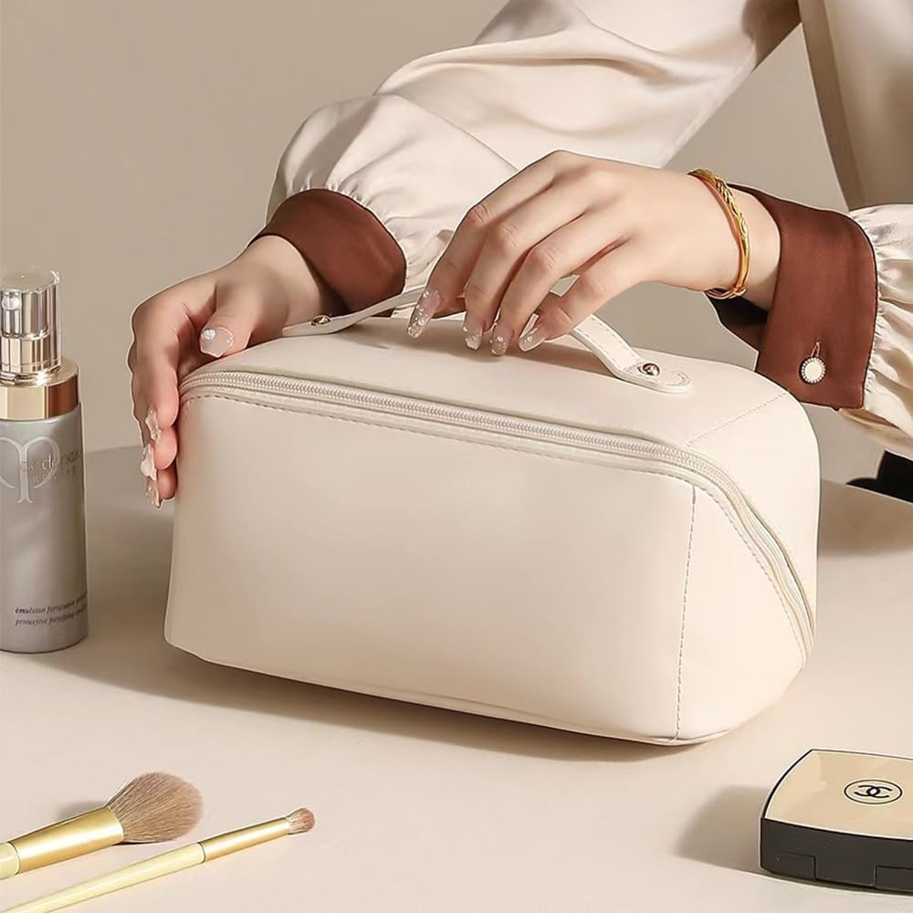 Cosmetic Bag, Large Capacity PU Waterproof Storage Makeup Bag,Open Flat Toiletry Bag Makeup Organizer,Women Portable Travel Makeup Bag with Handle Skin Care Cosmetics Toiletries - Brown image number 6