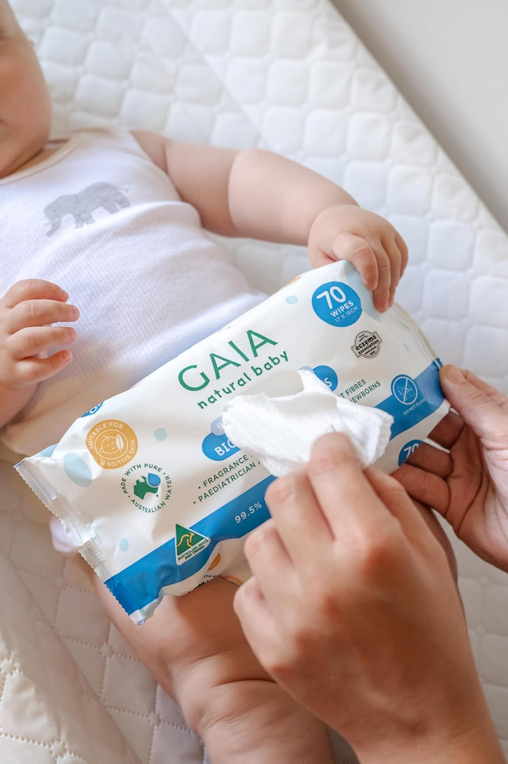 GAIA Natural Baby 99.5% Pure Water Wipes | Pure Australian Water | Paediatrician Approved | Dermatogically Tested | Suitable for Sensitive Skin | Suitable for Newborns | Australian Made | 8X70Pk image number 5