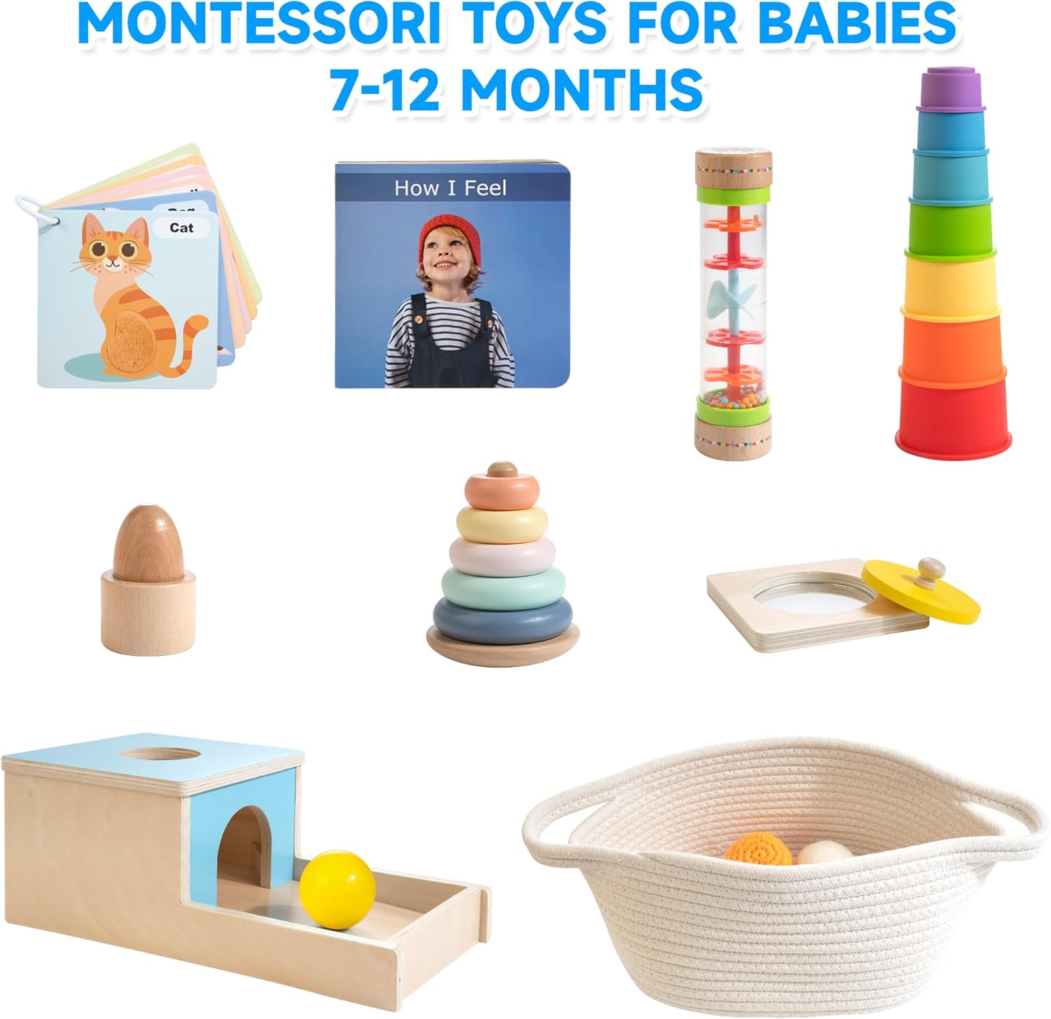 Montessori Toys for Babies 6-12 Months, 9 in 1 Educational Wooden Toys Set, Includes Object Permanent Box, Stacking Cups, Mirror Puzzle, Ring Stacker and More image number 2